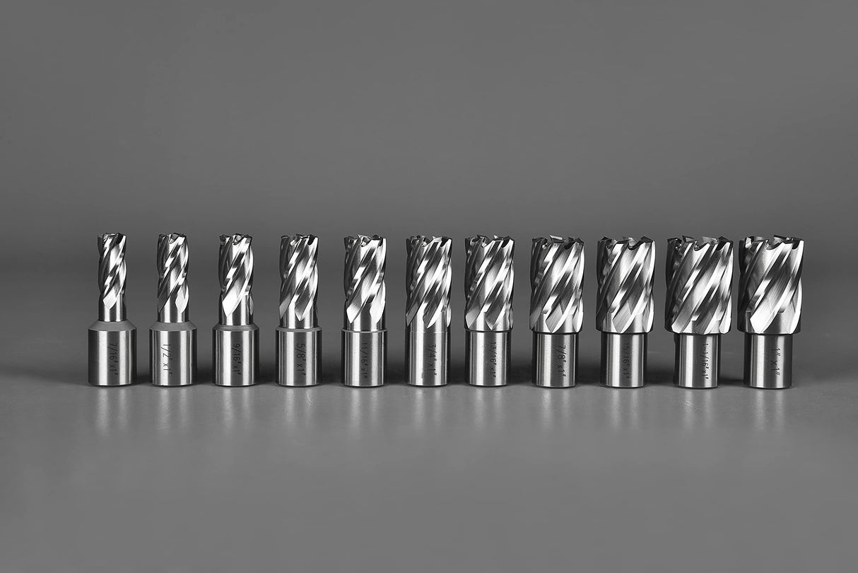 Annular Cutter Set 13 pcs JESTUOUS 3/4 Inch Weldon Shank 1 Cutting Depth and Cutting Diameter from 7/16 to 1-1/16 for Mag Drill Press HSS Standard Kit Two Flat with 2 Pilot Pins JESTUOUS
