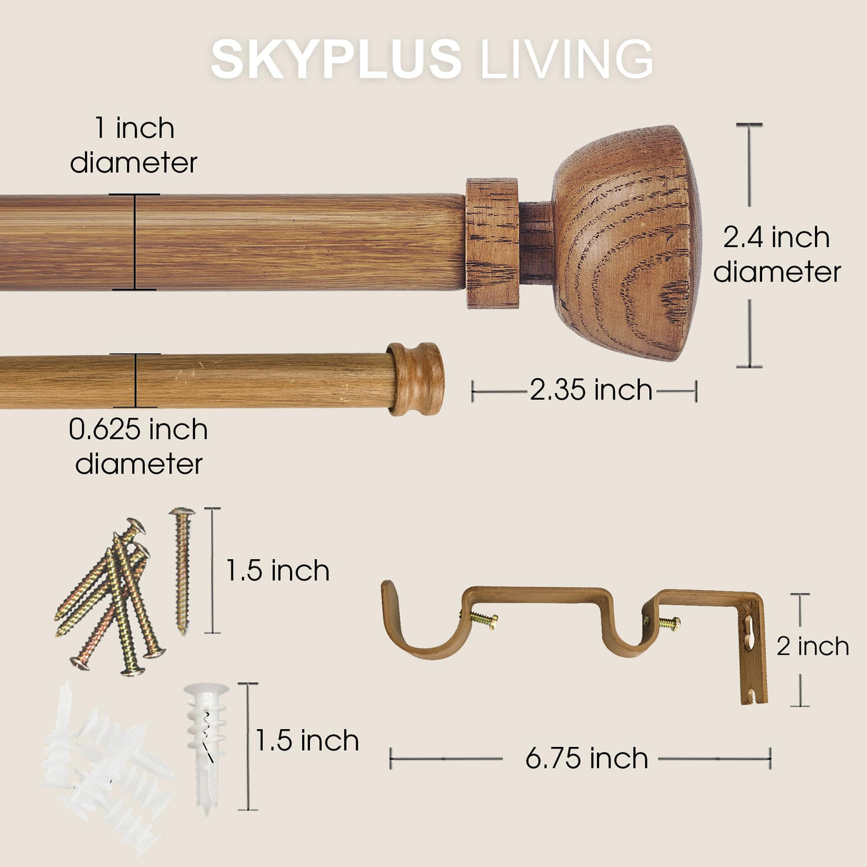 SKYPLUS LIVING Faux Wood Style Curtain Rod Set with Wood Grain Round Finial, 72-144 inch, Standard Double Drapery Rod for 1 Pack, 1 inch diameter, Adjustable Length SKYPLUS LIVING