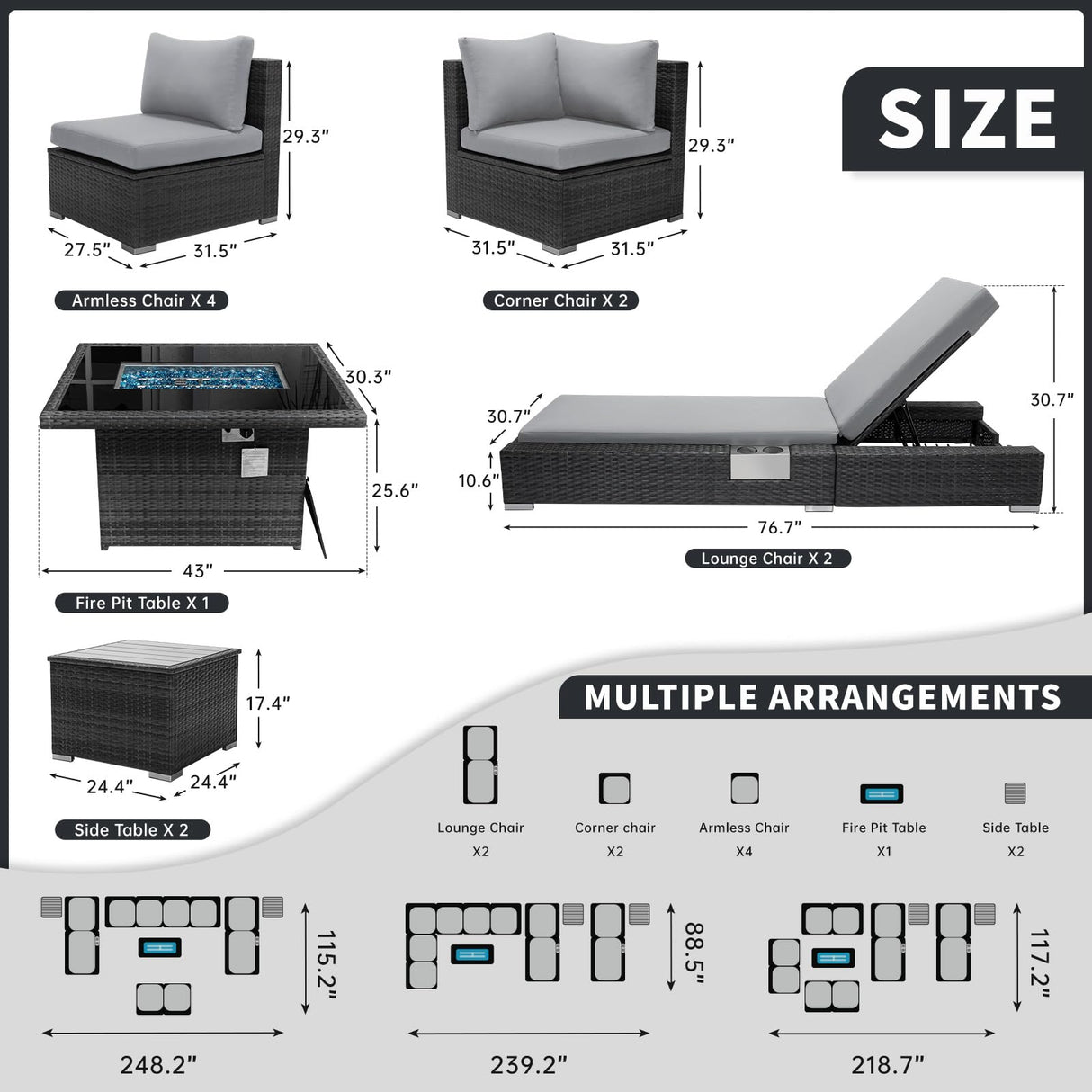 BULEXYARD 11 Piece Large High Back Outdoor Patio Furniture Sets with Firepit and Loungers, Cozy Extra Deep Wide Seating Sectional Conversation Couch Backyard Sitting Sets, Grey Wicker & Gray Cushion BULEXYARD