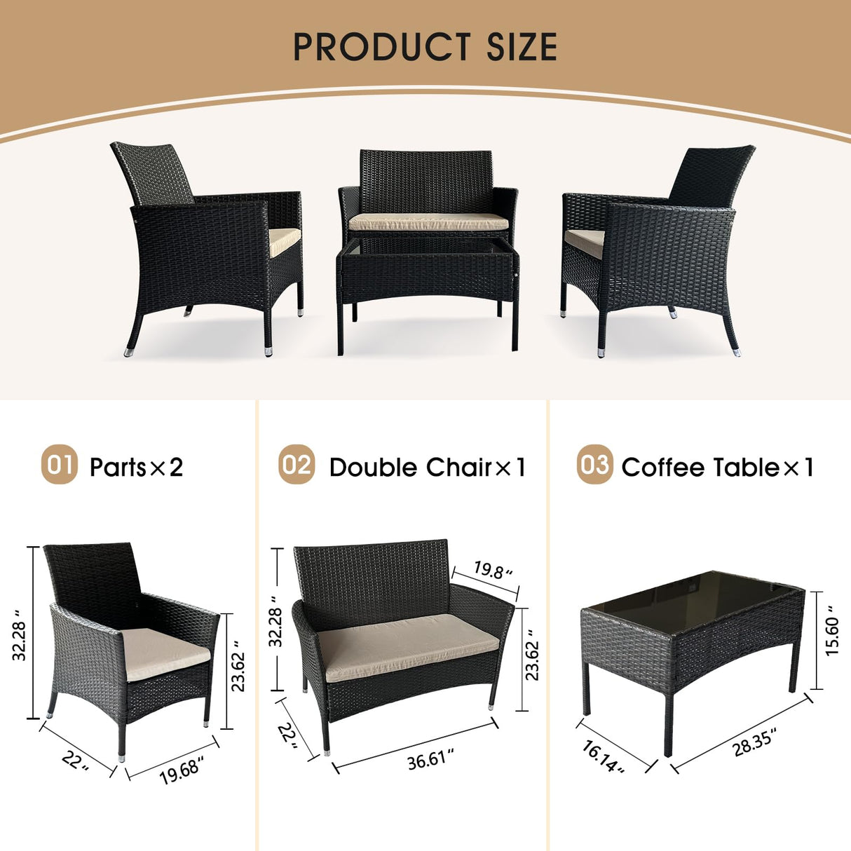 Peacabo 4 Piece Patio Furniture Set Sectional Table Chair, Wicker Sofa with Armrest Chair Loveseat and Rattan Side Table, Outdoor Conversation Sets for Garden Lawn Pool or Backyard, Coffee/Beige Peacabo