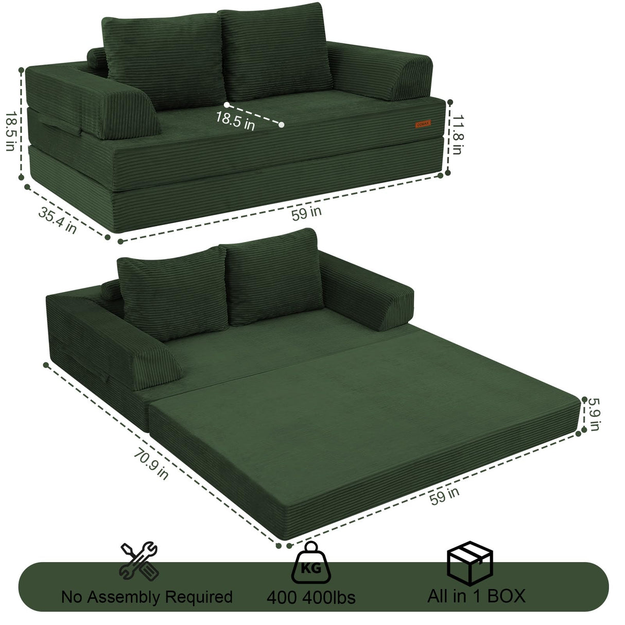 COMAX Convertible Sofa Bed, Folding Floor Couch Corduroy Fold Out Couch Bed Futon Sleeper Mattress with Pillows, Boneless Sofa Comfy Lounge Loveseat for Living Room Bedroom, Green COMAX