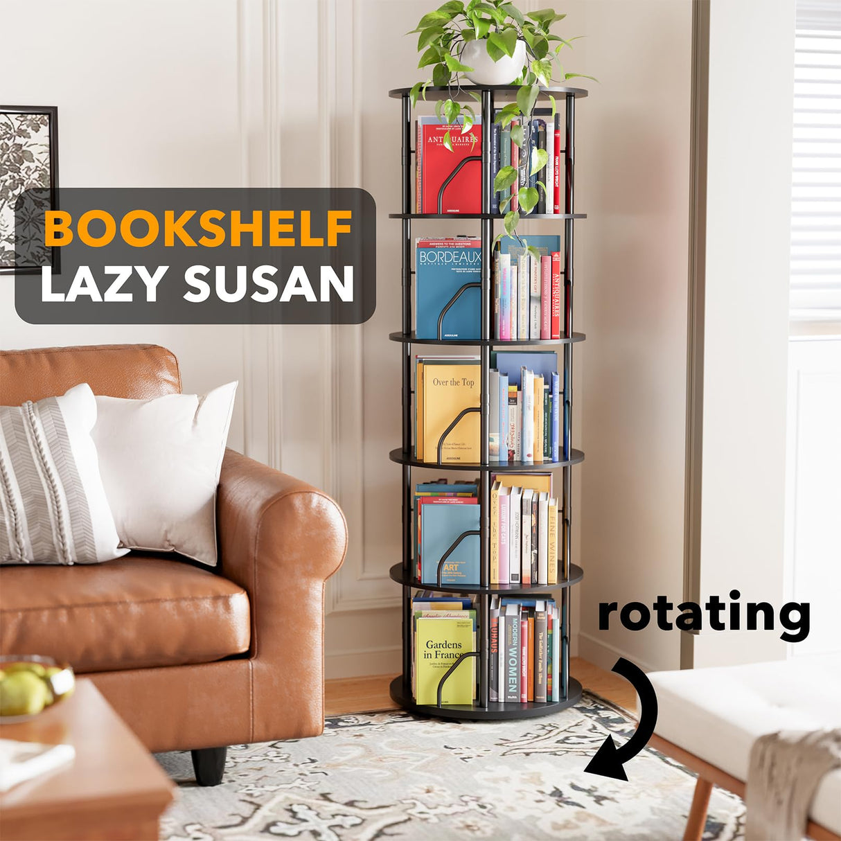 SpaceAid 5 Tier Rotating Bookshelf Tower, 360 Display Stackable Spinning Bookcase, Space Saving Revolving Round Book Shelf, Floor Standing Swivel Corner Organizer, Black SpaceAid