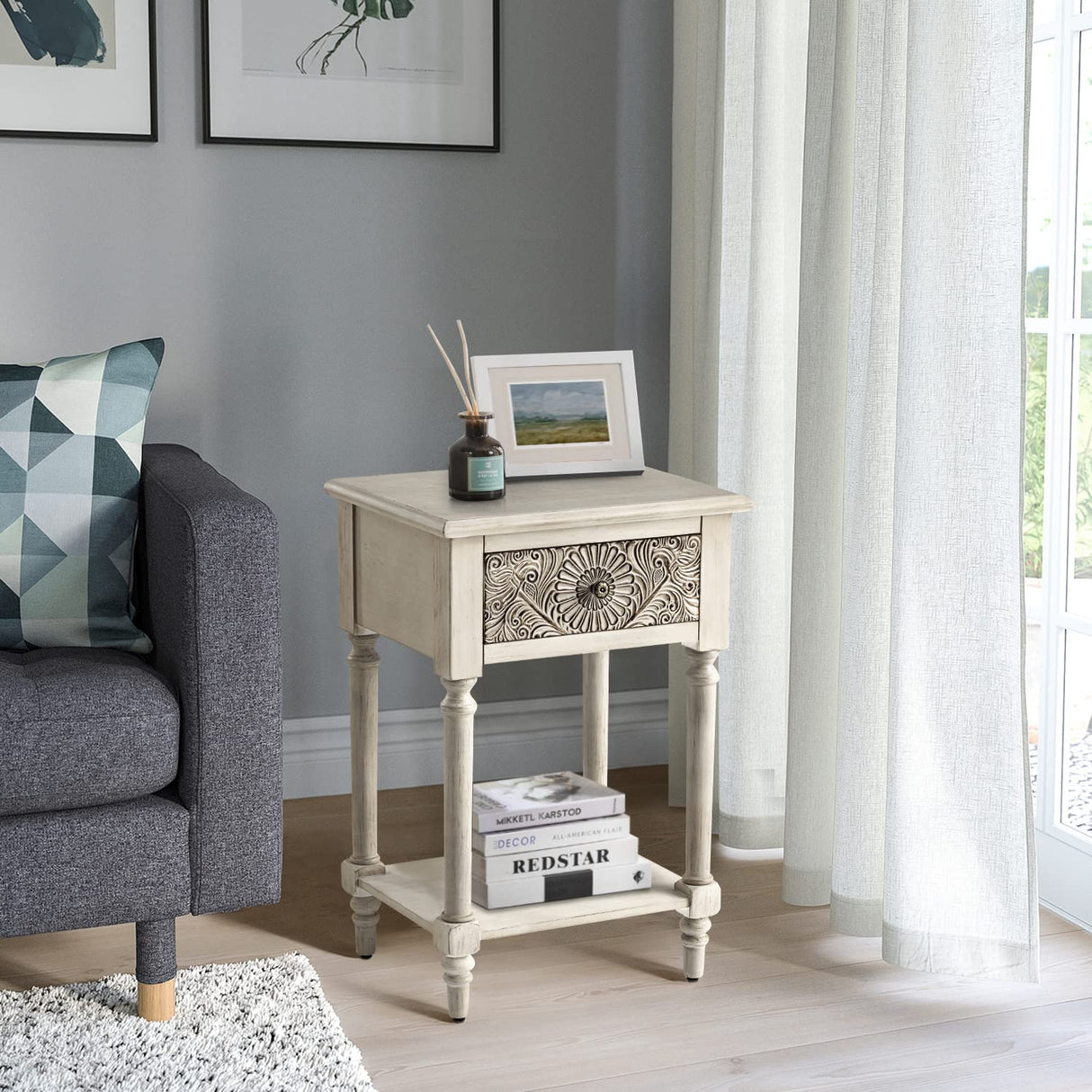 COSIEST Vintage Nightstand, MDF 2-Tier Bedside Table, Wood Accent End Table with Storage Drawer and Open Display Shelf for Bedroom Living Room COSIEST