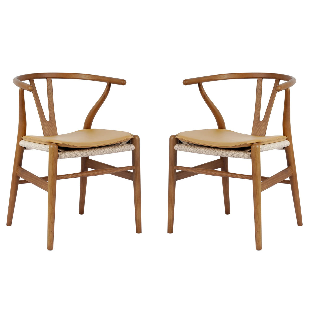 Forsho Set of 2 Solid Wood Wishbone Dining Chair with PU Soft Seat Cushion,Mid-Century Y Back Weave Dining Chair(Ash Wood - Walnut + Cushion) Forsho