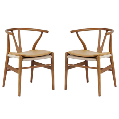 Forsho Set of 2 Solid Wood Wishbone Dining Chair with PU Soft Seat Cushion,Mid-Century Y Back Weave Dining Chair(Ash Wood - Walnut + Cushion)