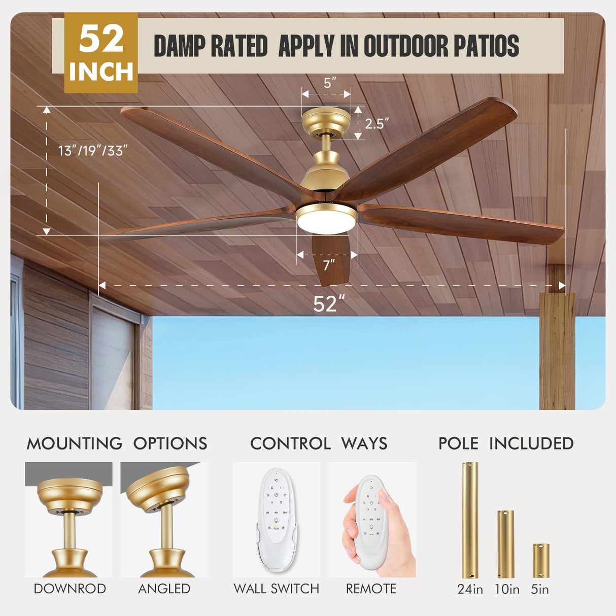 52 Inch Outdoor Ceiling Fans for Patios with Light, Large Airflow Ceiling Fan Indoor Exterior Ceiling Fan Damp Rated, Rustic Wood Ceiling Fan Gold for House Porch Gazebo Commercial, Quiet DC Motor YZEENM