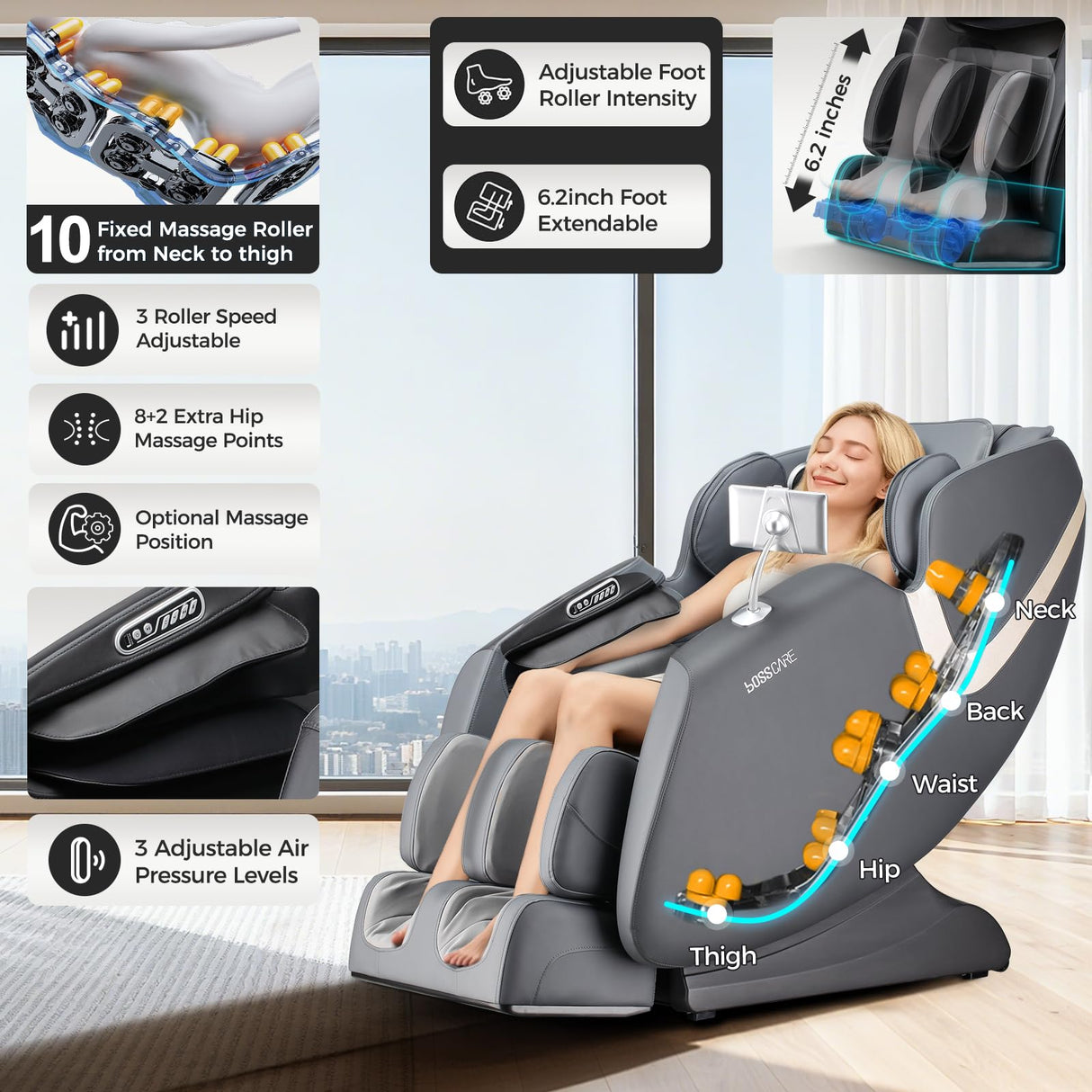 BOSSCARE 2025 Full Body Zero Gravity Massage Chair, APP Control Shiatsu Massaging Recliner with Foot Roller, Back Heated, Bluetooth Speaker, Touch Screen for Family & Friends BOSSCARE