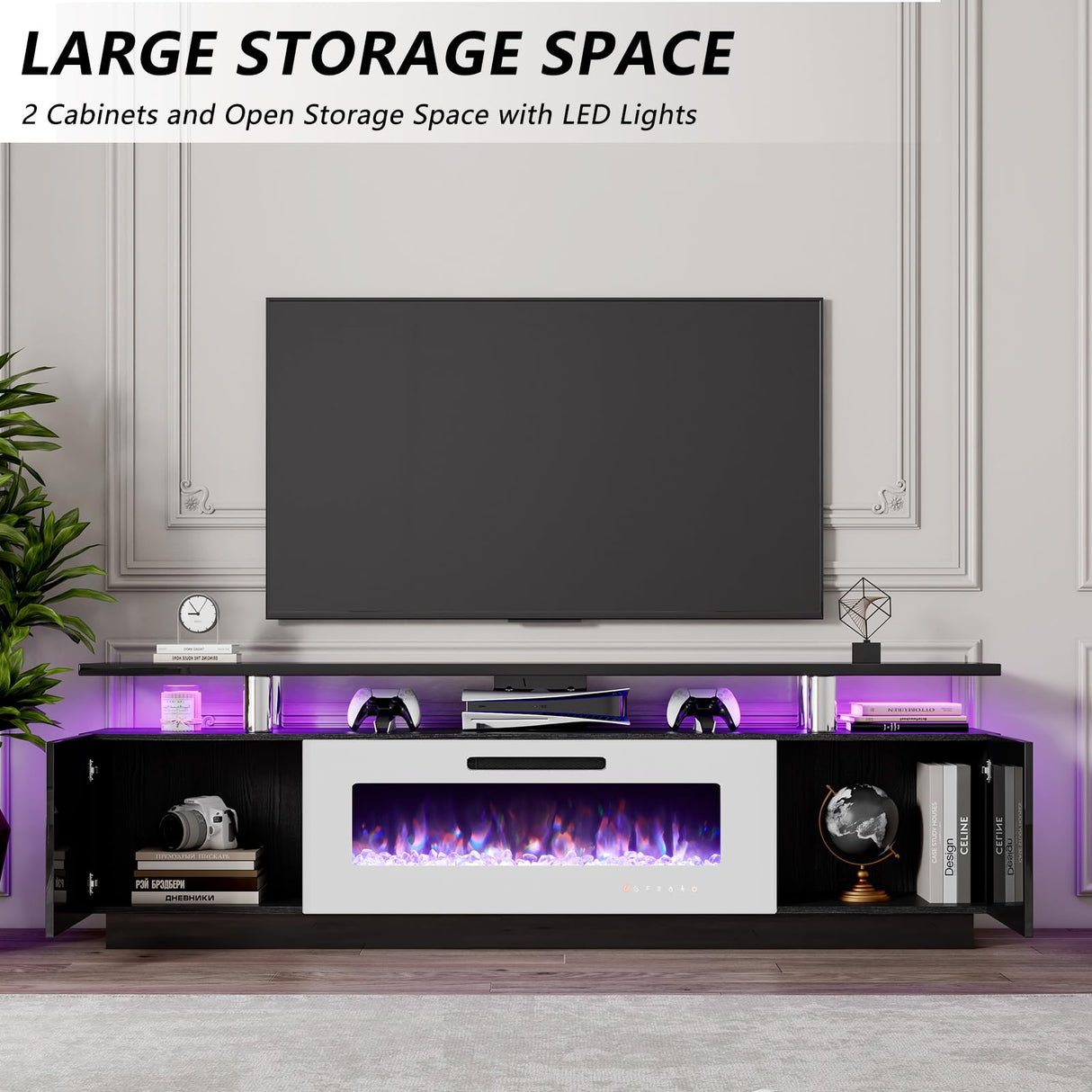 LUXOAK 80" Fireplace TV Stand, Modern High Gloss Finish Media Console with 40" Electric Fireplace, Open Storage Entertainment Center for TVs Up to 90" with LED Lights, Black/White LUXOAK