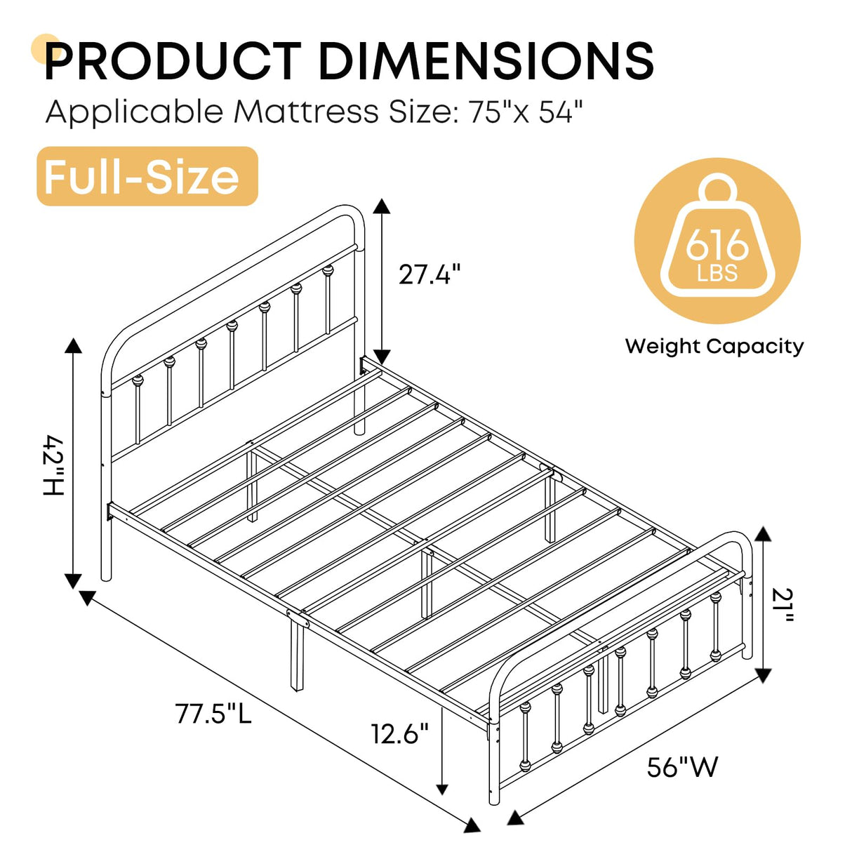 Chuangshuo Guard Full Size Bed Frame-Classic Metal Platform Bed Frame Mattress Foundation with Victorian Style Iron-Art Headboard/Footboard/Storage Space/No Box Spring Needed/Black Chuangshuo Guard
