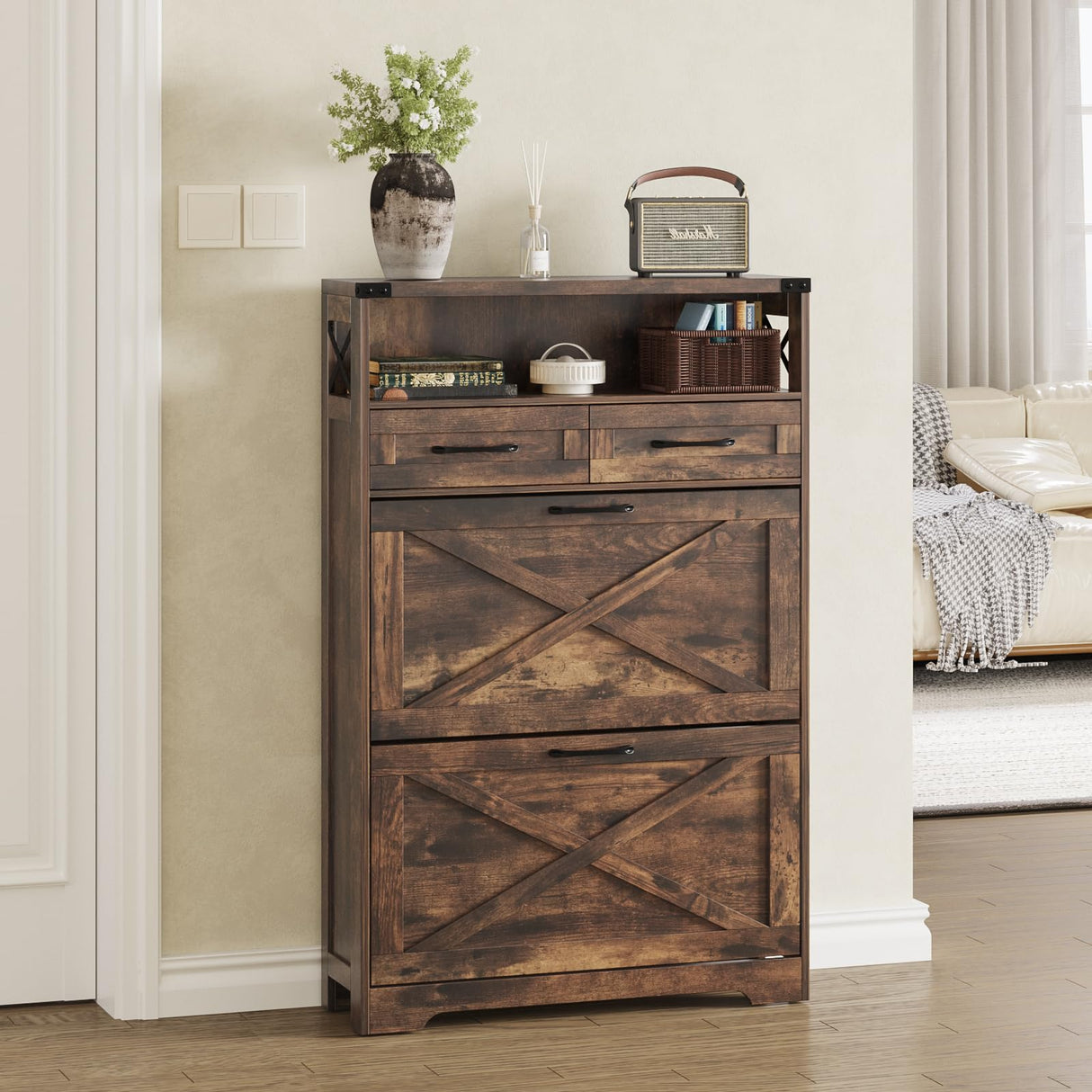 Maupvit Shoe Storage Cabinet, Farmhouse Shoe Cabinet with 2 Flip Drawers & 2 Drawers, Entryway Shoe Storage Cabinet with Doors, Narrow Shoe Cabinet for Front Door Entrance, Rustic Brown Maupvit