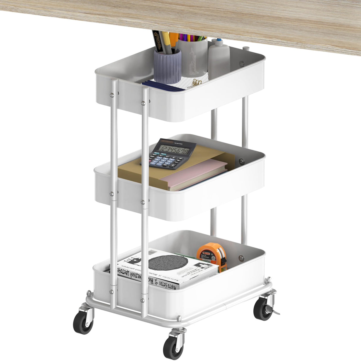 Simple Houseware 3-Tier Compact Utility Rolling Cart, Low 24” Height Fits Under Desk, Space-Saving Storage for Home Office, Dining Room, or Kitchen, White Simple Houseware