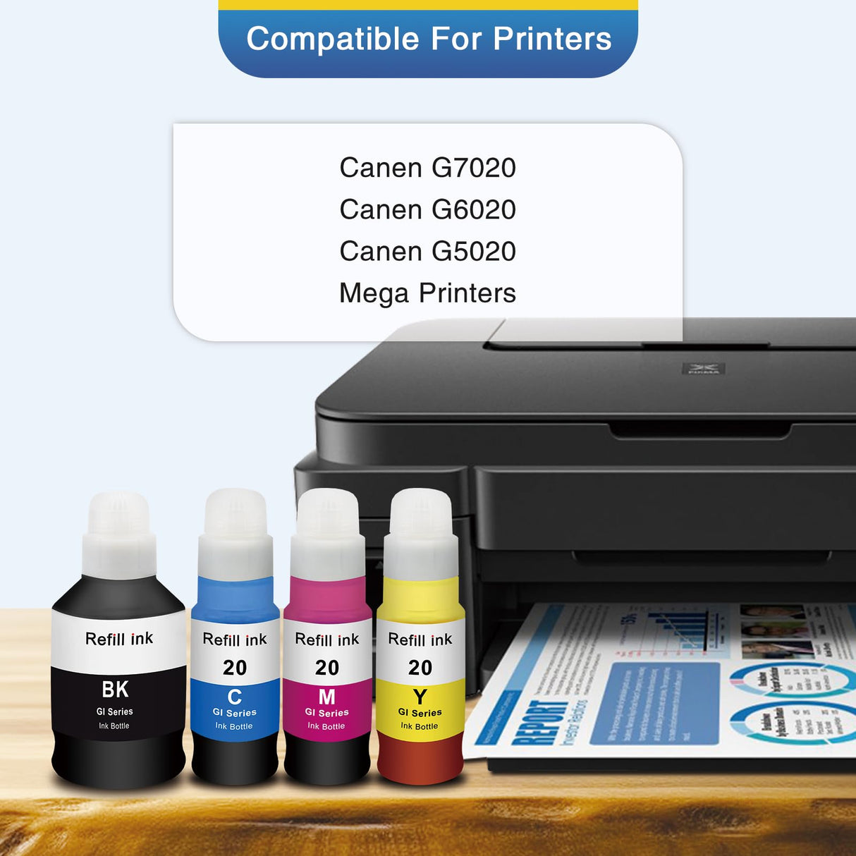 Topcolor Compatible Dye Ink Replacement for Canon GI-20 GI20 Ink Bottles Refills Kit for Canon G6020 G7020 G5020 MegaTank Printers, 170mL Black Ink Refill, 70mL Cyan Magenta Yellow, 4 Packs Topcolor