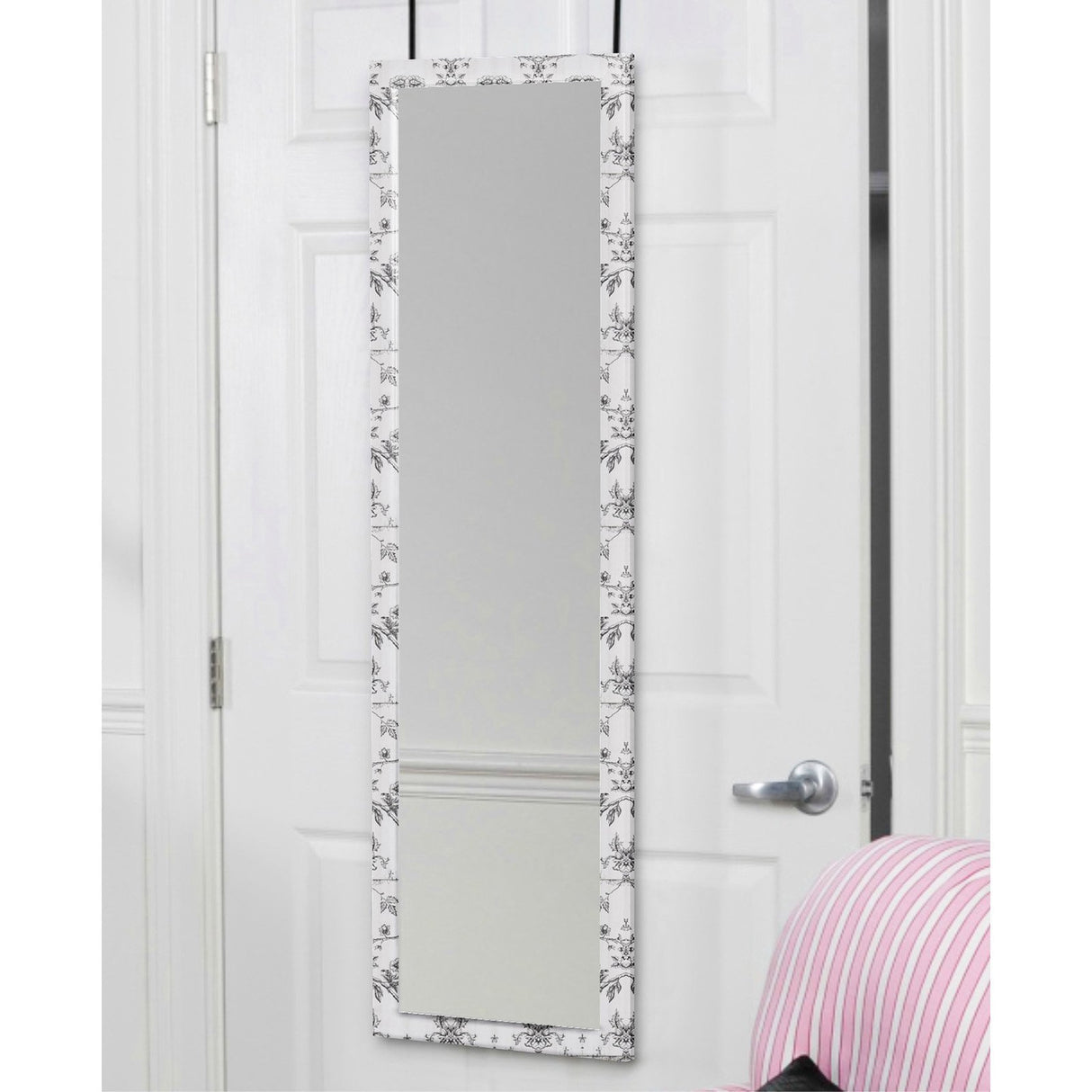 Mirrotek - Full Length Adjustable Over The Door Mirror White Wood Finish Hanging Instant Install Long Body for Bedroom, Dorm Room, 14" x 48" Mirrotek