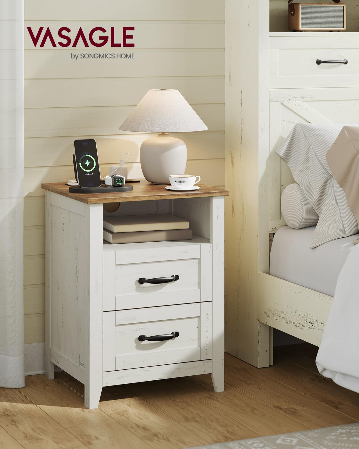 VASAGLE LIRY Collection - Farmhouse Nightstands with Charging Station, Set of 2 Bedside Tables, Side Tables with 2 Drawers, Open Compartment, for Bedroom, Rustic White and Honey Brown ULET869W01 VASAGLE