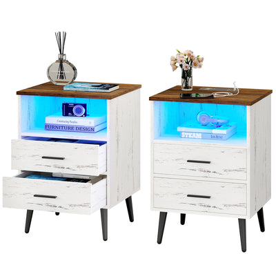 LVSOMT Nightstands Set of 2, White Nightstand with Charging Station, Night Stands with Human Body Induction, Bedside Tables with 2 Drawers, Open Shelf, Modern Night Stand for Bedroom