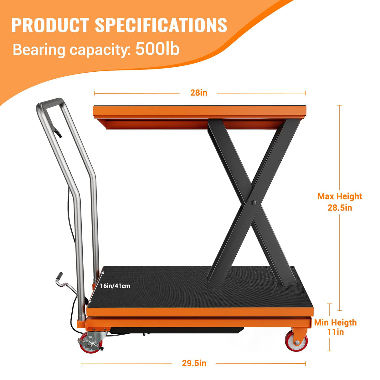 Hydraulic Lift Table Cart, 500lbs Capacity 28.5" Lifting Height, Manual Single Scissor Lift Table with Locking Wheels and Non-Slip Pad, Hydraulic Scissor Cart for Material Handling and Transportation GarveeTech