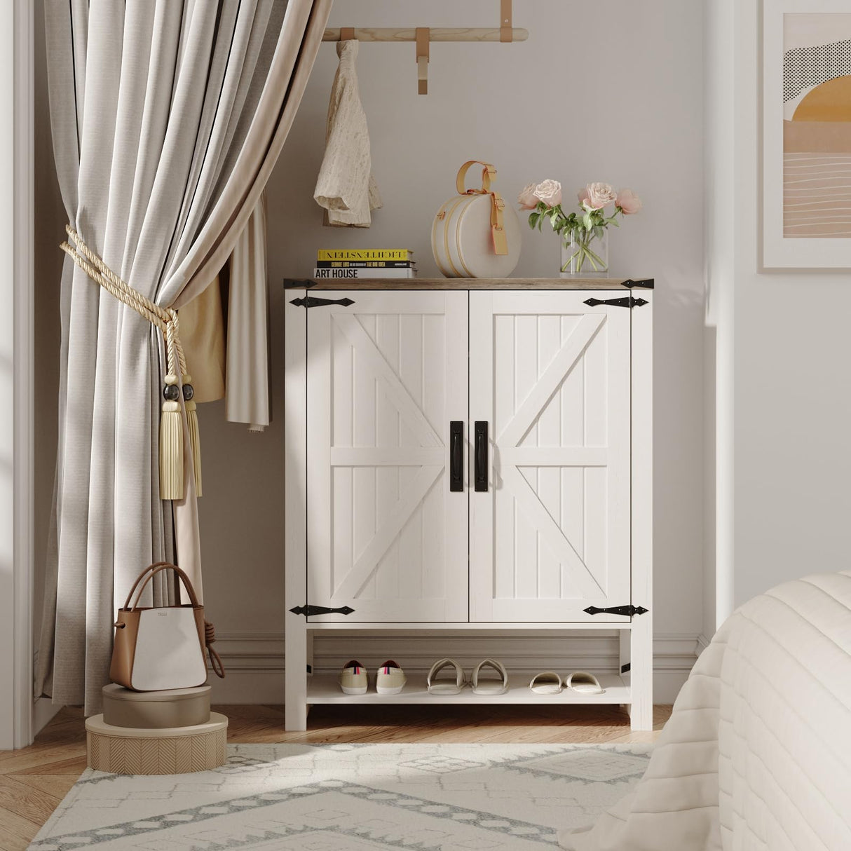 Maupvit Shoe Cabinet with Doors, 6-Tier Farmhouse Shoe Storage Cabinet with Adjustable Shelves, Shoe Shelf, Wooden Shoe Rack Organizer Cabinet for Entryway, Foyer, Hallway, Living Room, White Maupvit