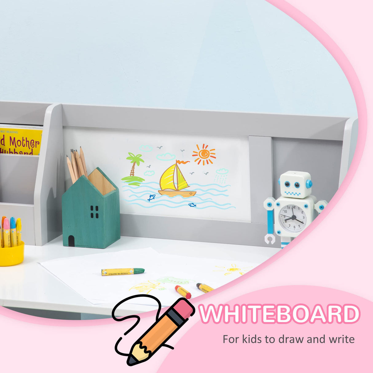 Qaba Toddler Desk and Chair Set, Kids Writing Desk Study Table for Children with Whiteboard, Storage Cabinet, Child Furniture, Art Gifts for Kids, Gray Qaba