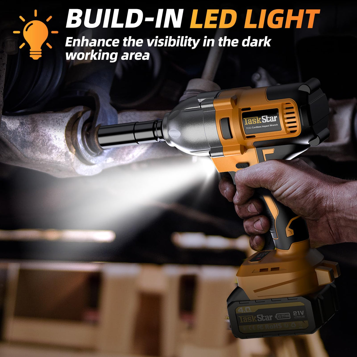 TaskStar Cordless Impact Wrench 1/2 Inch, 900N.m(664ft-lbs) High Torque Brushless Power Impact Gun, 21V 3300RPM Electric Impact Driver with 2x4.0Ah Battery & Fast Charger for Car Tires Truck TaskStar