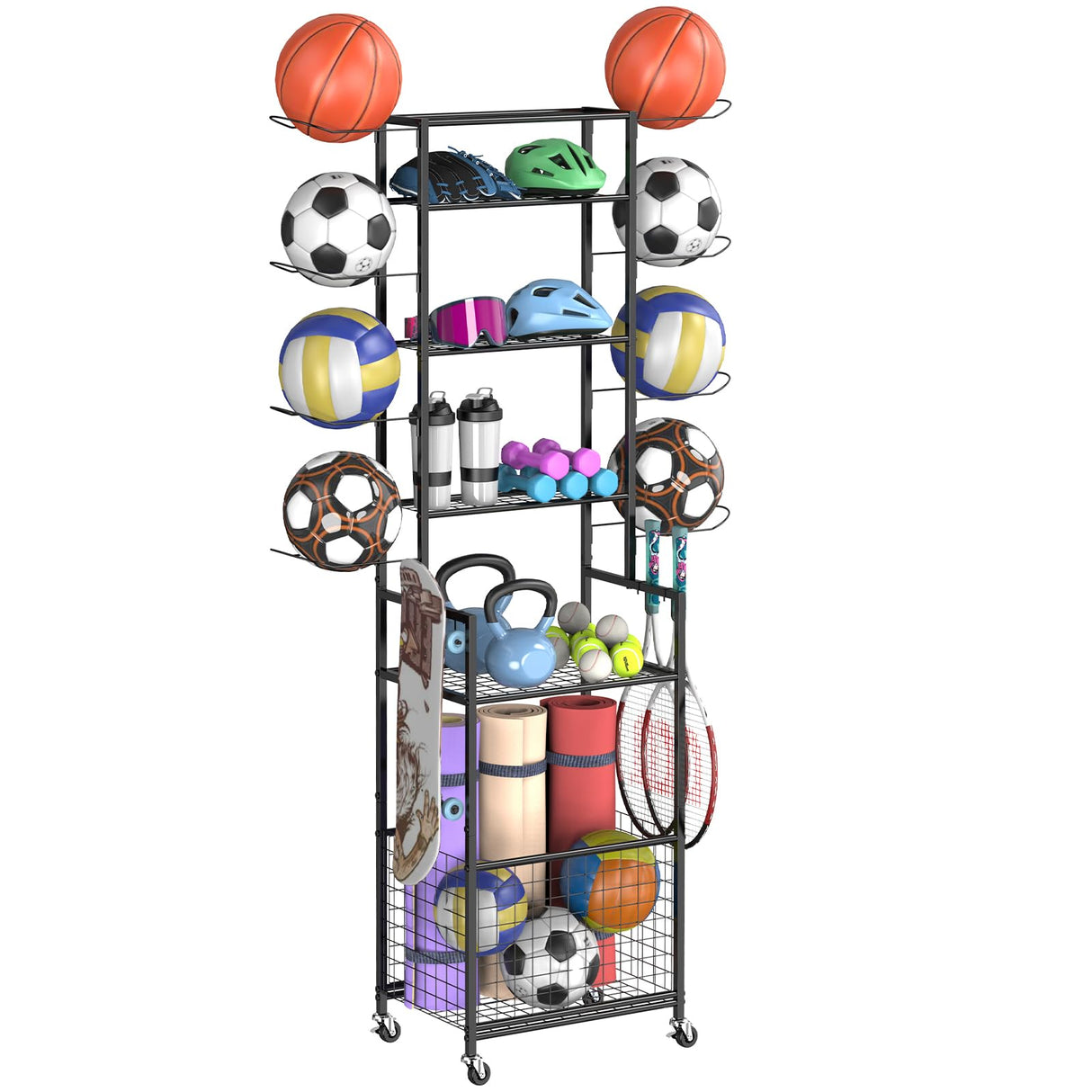 Shinoske Ball Storage Rack with Wheels,6-Tier Basketball Rack with Storage Basket and Hooks,Multi Use Garage Sports Equipment Organizer,for Sports Gear,Volleyball,Football,Indoor/Outdoor Use,Black Shinoske