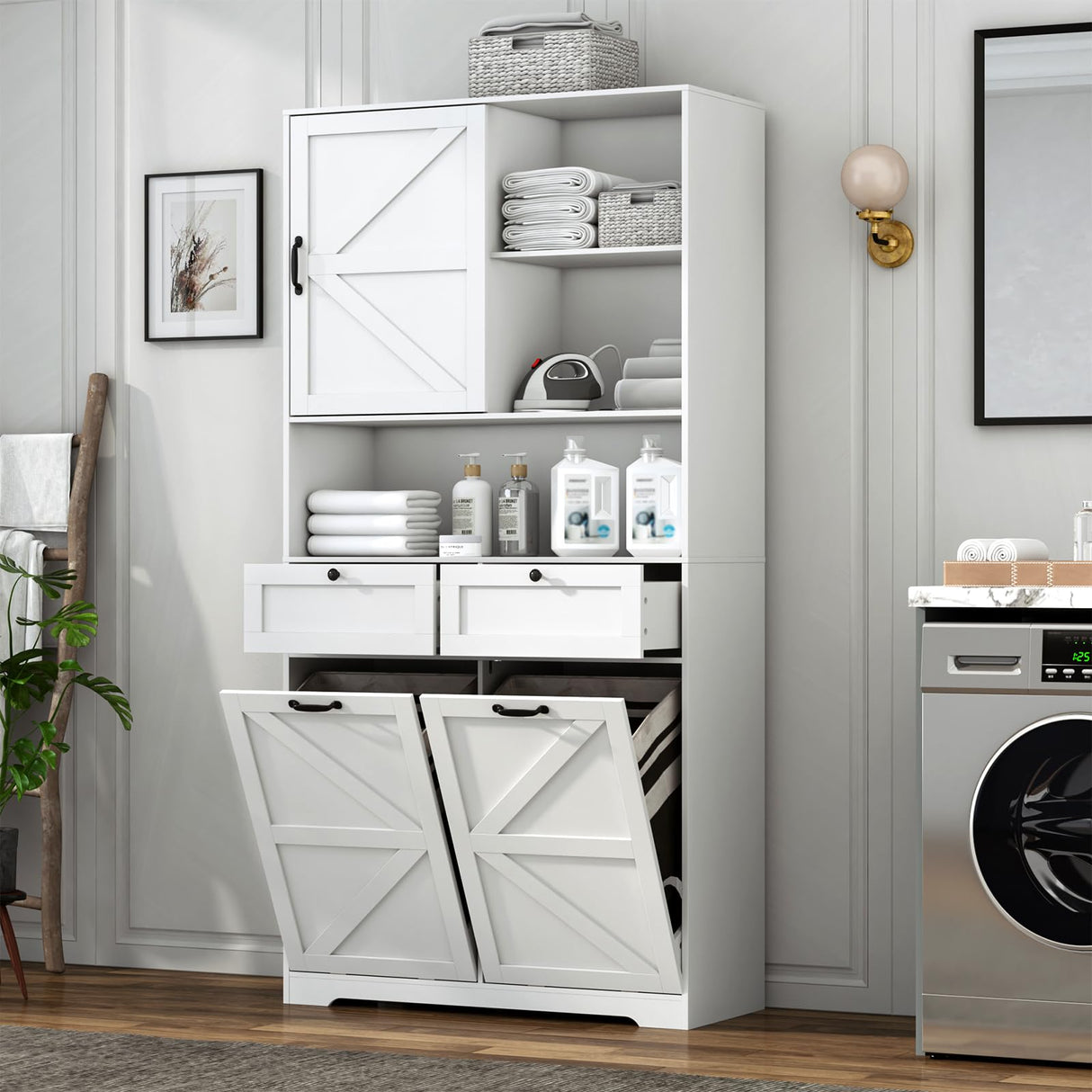 78" Tall Tilt-Out Double Doors Laundry Cabinet Hamper w Hidden Laundry Hamper,Large Pull Out Laundry Room Storage Cabinets,Kitchen Double Tilt Out Trash Cabinet,13X2 Gallon Bathroom Organizers(White) jiteentarou