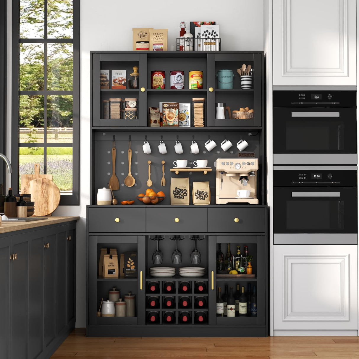 72" Tall Wine Bar Cabinet with Storage Hutch & Pegboard, Coffee Bar Cabinet with LED Lights, Modern Liquor Cabinets with 9-grid Wine & Glass Racks, Pantry Cabinet for Kitchen, Living Room (Black) Auromie
