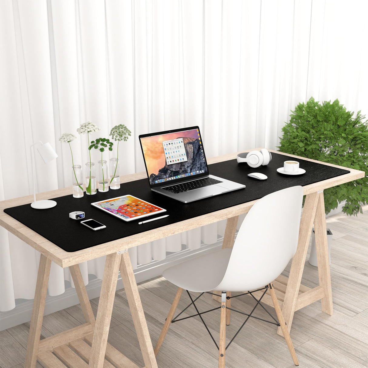 Hsurbtra Desk Pad, 48" x 17" PU Leather Desk Mat, XXXL Extended Mouse Pad, Waterproof Desktop Blotter Protector, Non-Slip Ultra Thin Large Laptop Keyboard Writing Mat for Office Home, Black Hsurbtra