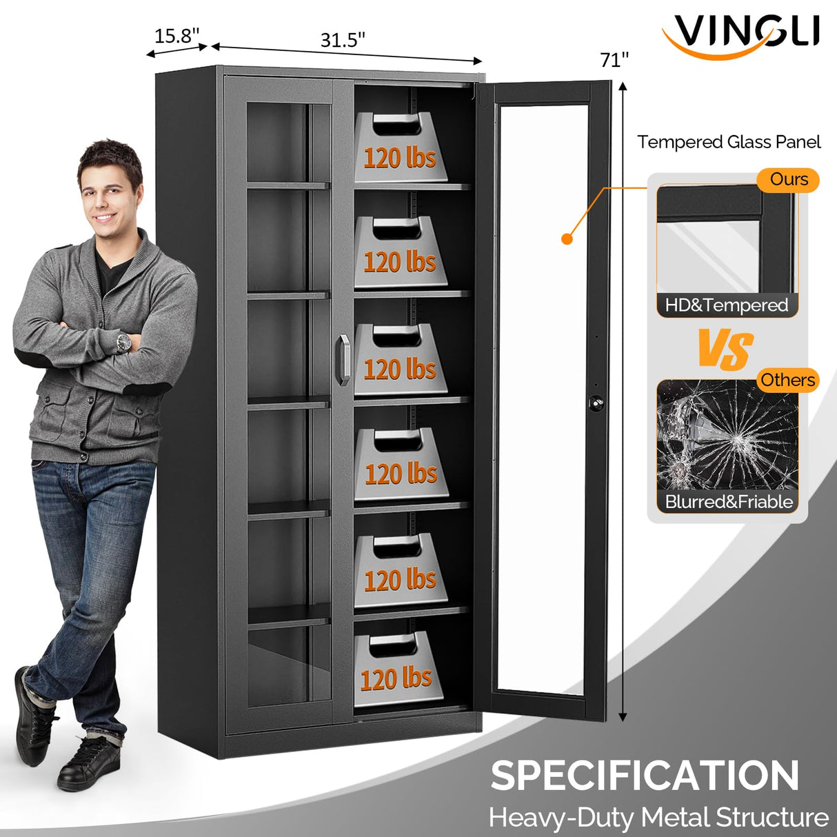 VINGLI Lockable Display Cabinet with Glass Doors & 5 Adjustable Shelves, 71" Tall Black Metal Storage Cabinet, Curio Cabinet Bookshelf Bookcase Liquor Cabinet for Home Office Living Room Pantry Garage VINGLI