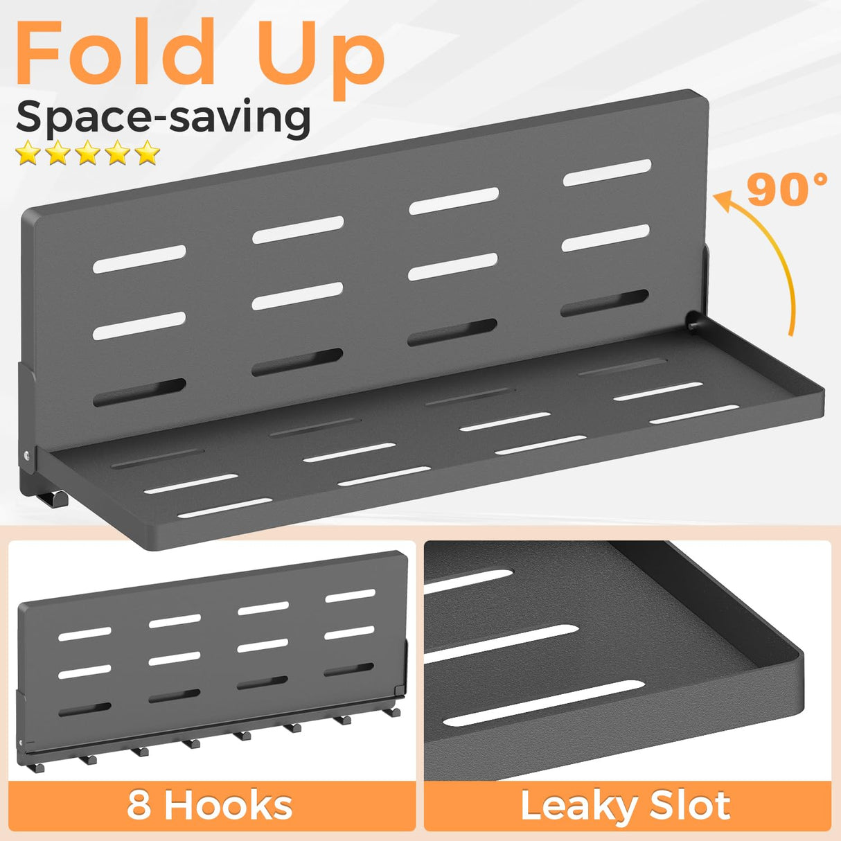 SKIKEN Folding Metal Shelf with Hooks, Wall Mounted Laundry Room Shelf, 8 Hooks & 90° Fold Up, Fold-Down for Rv, Bathroom, Kitchen, Garage, Space Saving, Small Space, Black(17.0", 1 Pack) SKIKEN