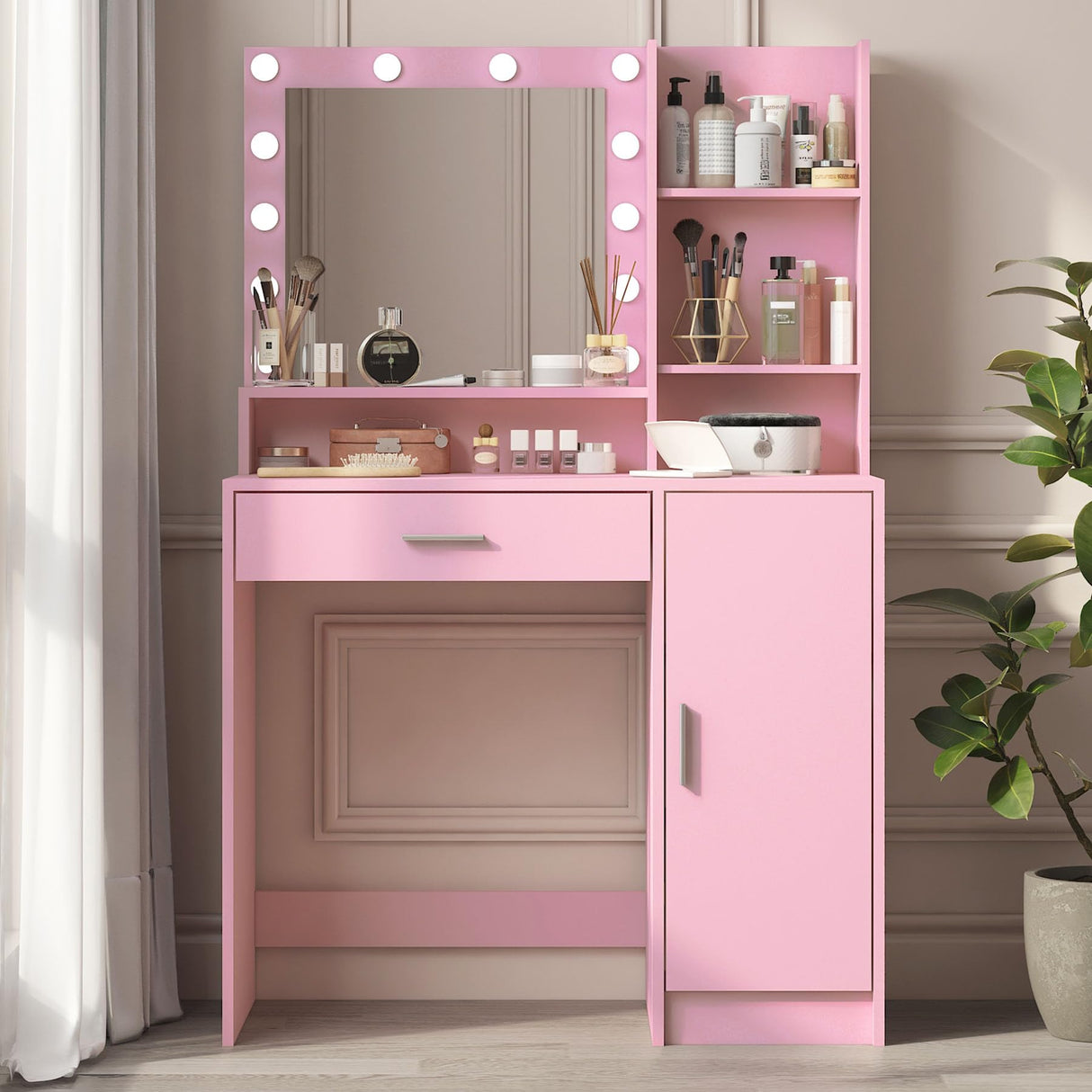 Mdhitsox Vanity Desk with Mirror and Lights, Makeup Vanity Desk, Dressing Table Set with Drawers, Cabinets, Shelves, 3 Lighting Modes Brightness Adjustable, Modern Vanity Set for Gifts Bedroom (Pink) Mdhitsox