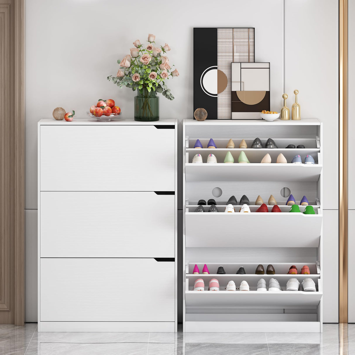 Shoe Storage Cabinet for Entryway with 3 Flip Drawers, Sturdy Wood Hidden Shoe Storage, Freestanding Narrow Slim Shoe Organizer for Front Door Entrance, Living Room, Hallway, Bedroom, White Xixini