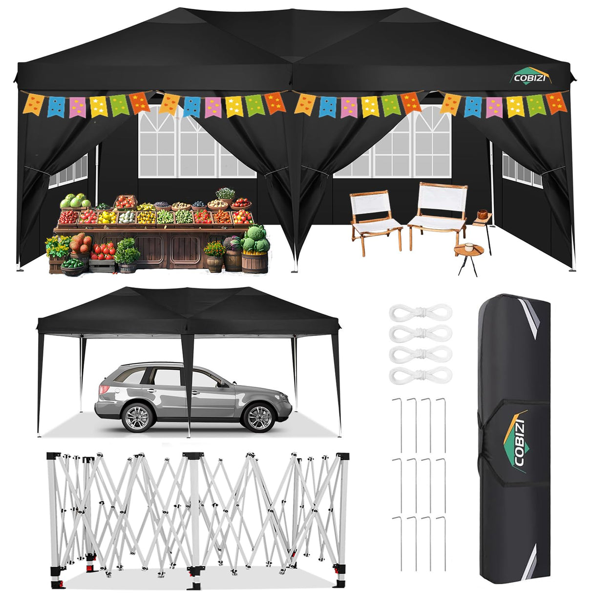 COBIZI Canopy 10x20 Pop Up Canopy Tent with 6 Sidewalls, Waterproof Outdoor Event Shelter Gazebo Sun Shade Portable 10x20 Tents for Parties Beach Camping Commercial Instant Canopy (Black, 10'x20') COBIZI