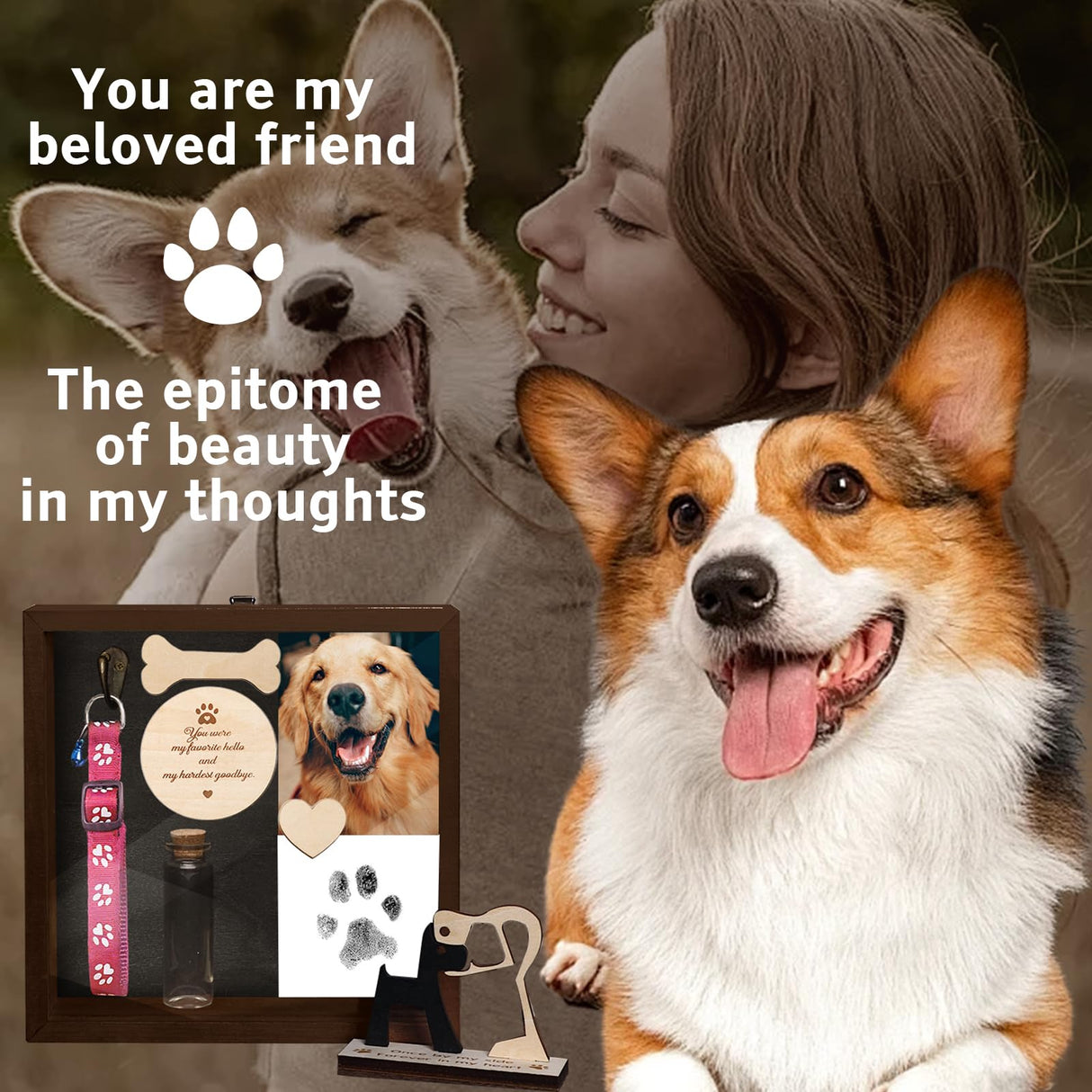 Pet Memorial Shadow Box for Dog Cat with Pet Paw Print Impression Kit, Dog Wood Picture Frame Memorial Gifts for Loss of Dog Pets Sympathy Gift PIPIONE