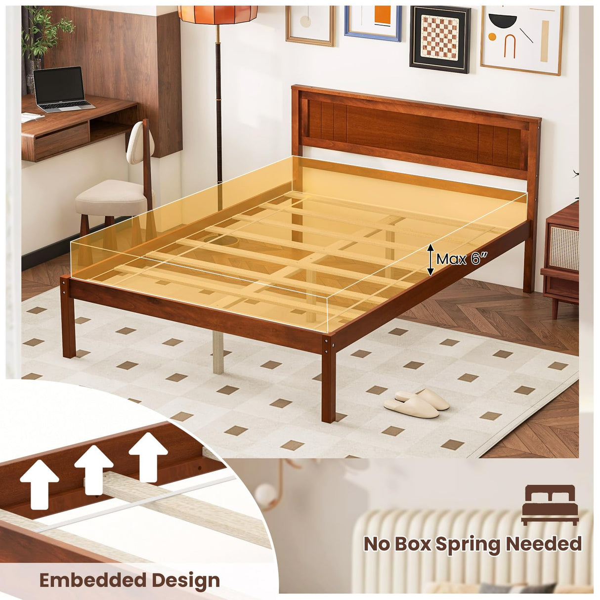 Giantex Full Size Wood Platform Bed with Headboard, Mid Century Solid Wood Full Bed with Slat Support, Double Bed Frame with 16" Under Bed Storage, No Box Spring Needed, Easy Assembly, Walnut Giantex