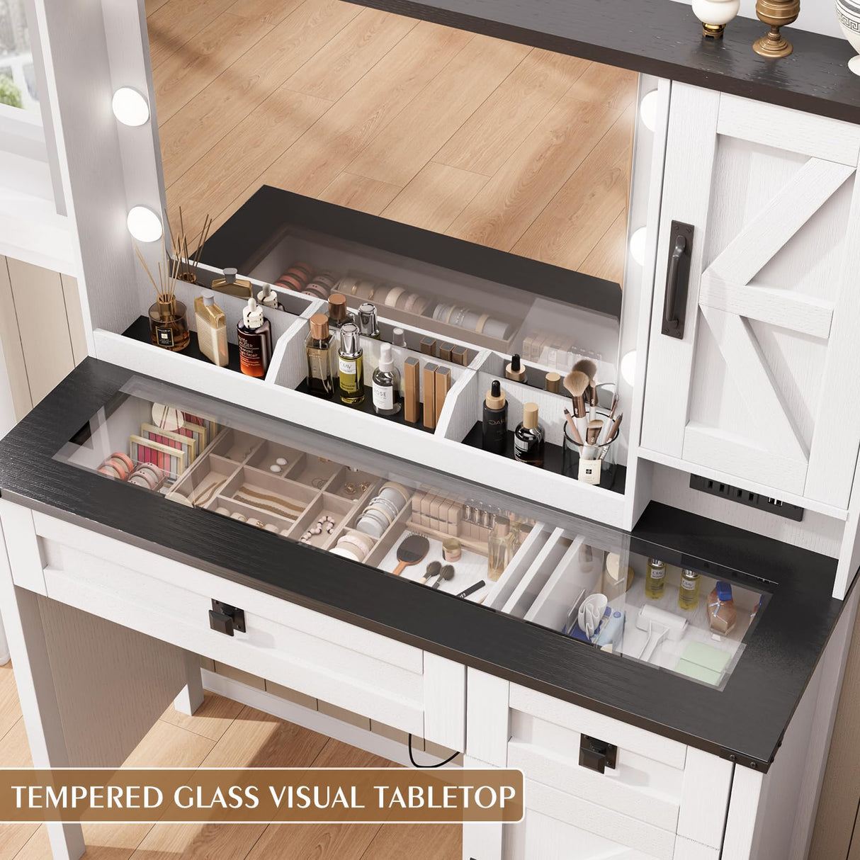 ONME Farmhouse Vanity Desk with HD Mirror and Light, Makeup Vanity with Drawers & Adjustable Cabinets, Glass Top Vanity with Charging Station, Rustic Modern Vanity Table with Shelves Bedroom White ONME