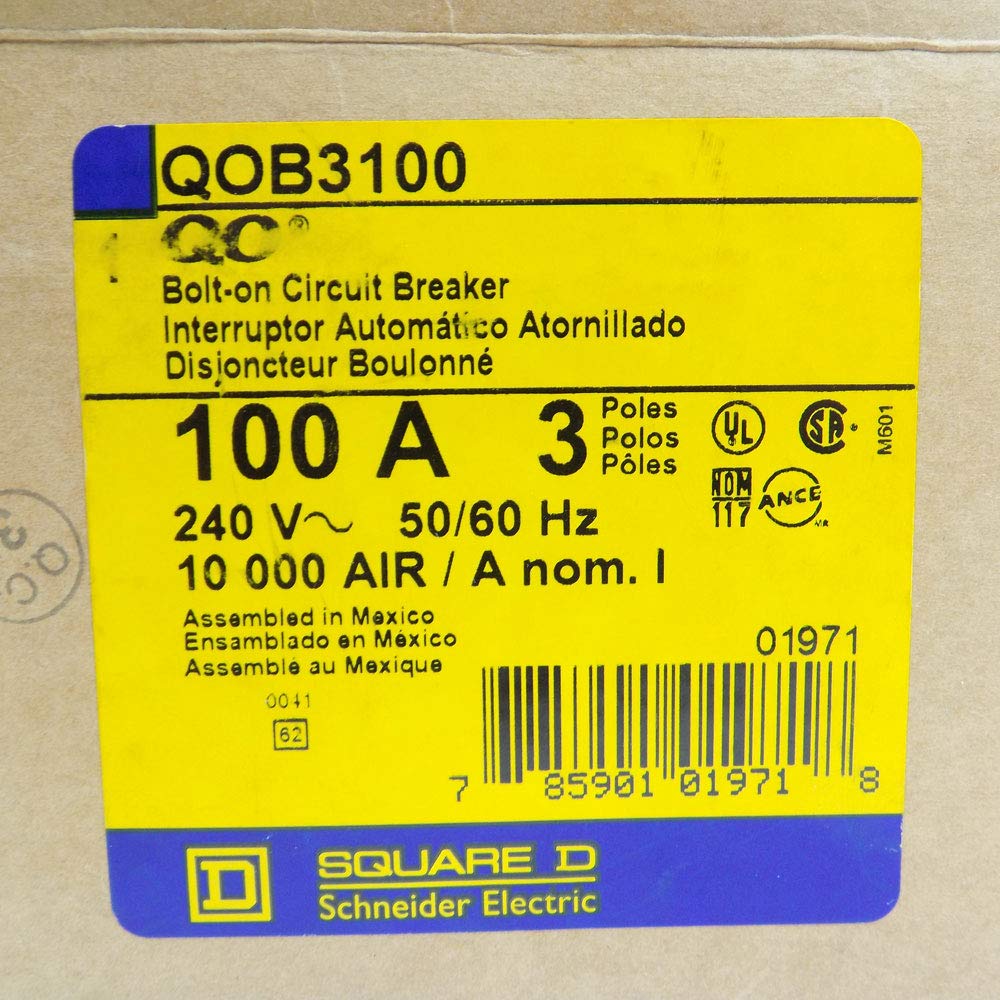 Square D QOB3100 Circuit Breaker (QOB) Standard, 100A, 3-Pole, 240 Vac, 3-Phase, Bolt-On, Black Square D