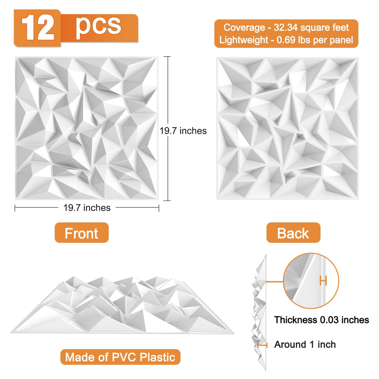 TroyStudio Acoustic Sound Diffuser Panels, 19.7 X 19.7 X 1 inches 12 Pcs White PVC Plastic 3D Wall Panel, Recording Studio Acoustical Treatment Diffusion panel, Art Decorative Ceiling Tiles TroyStudio