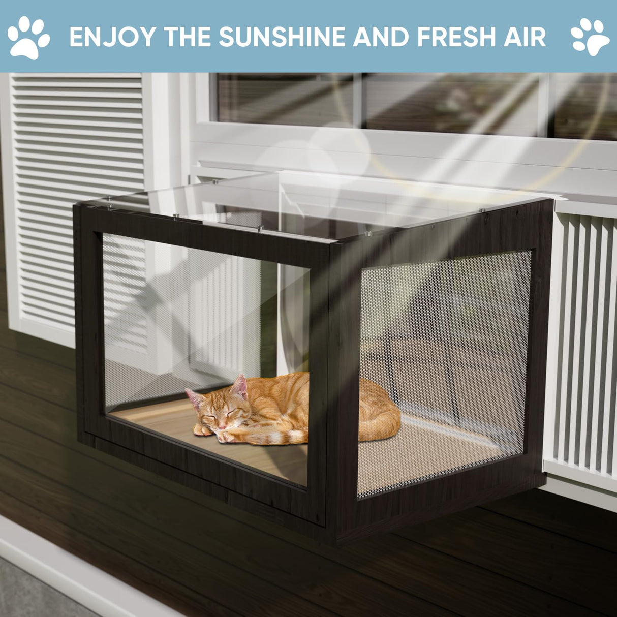 FunXplore Cat Window Box Catio Outdoor Cat Enclosure Cat Window Perch with Side Bug-Proof Wire Grid Fits Double Hung Frames 25.4" to 43.3" Wide, Sunbathing Napping Overlooking FunXplore