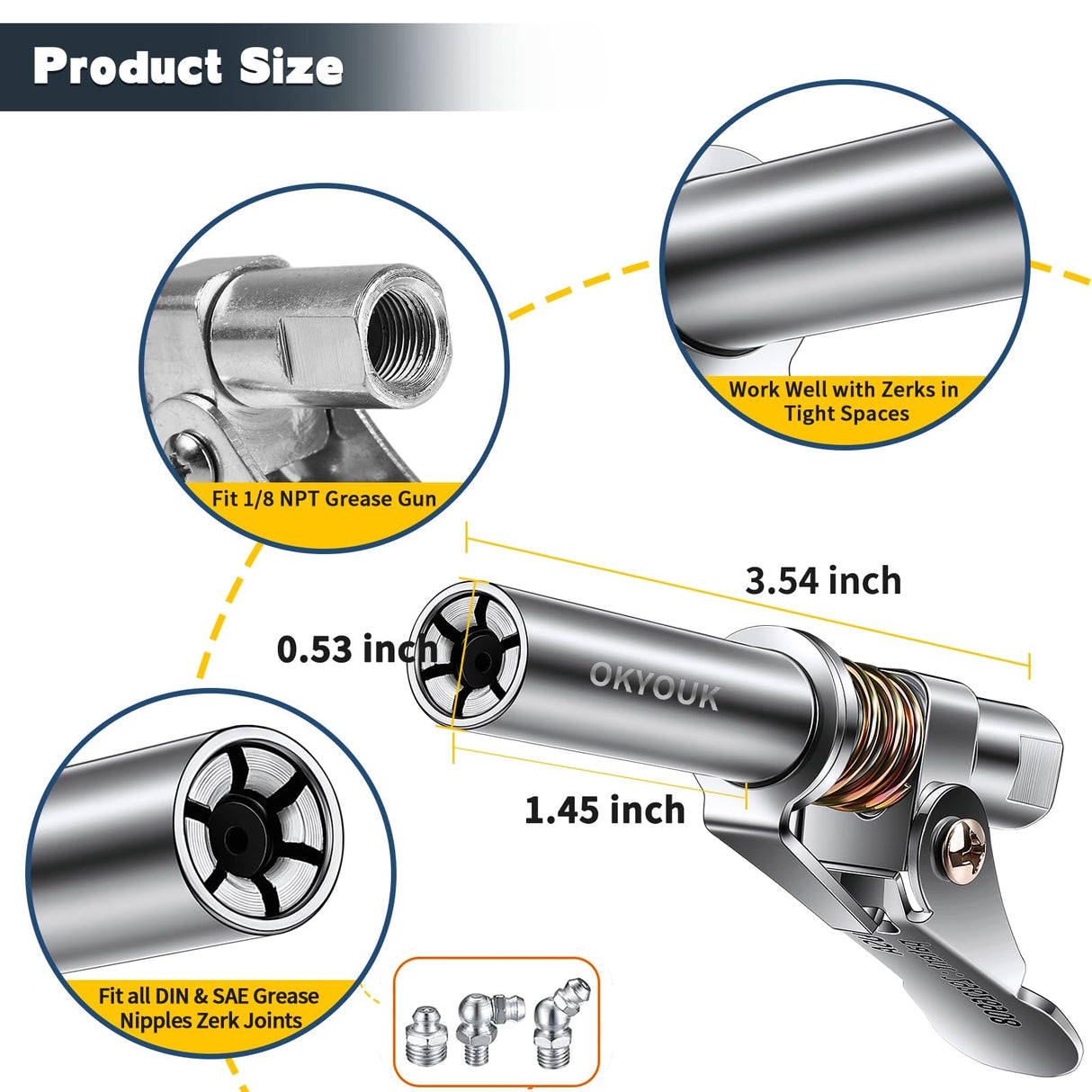 OKYOUK World's Smallest Grease Gun Coupler (Only 0.53 ") with Cleaning Tool, High Pressure Quick Release Grease Tips,Fit All 1/8" NPT Manual/Electric Grease Gun, for Greasing Locks onto Zerk Fittings OKYOUK
