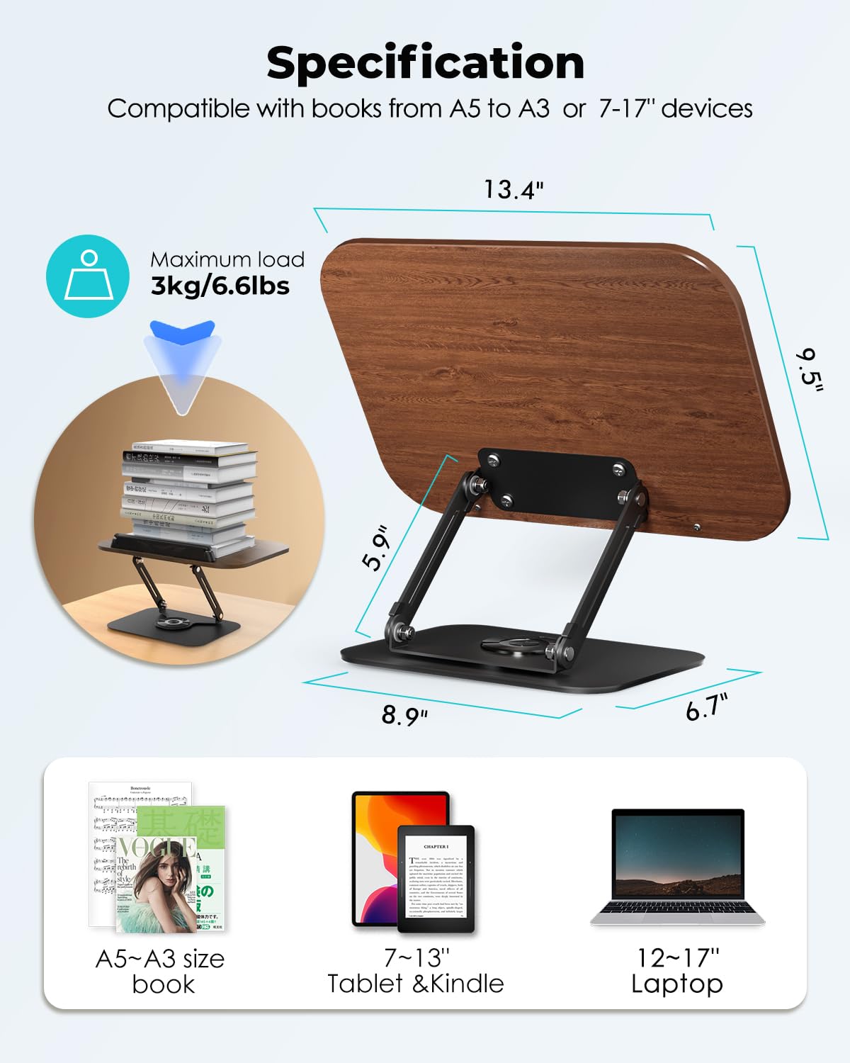 Viozon Book Stand for Reading,Book Holder, Height&Angle Adjustable, 360° Rotating Base, Foldable and Portable, Lightweight for Office, Kitchen, School Textbook, Recipe, Magazine,Kindle,Tablet DW Viozon