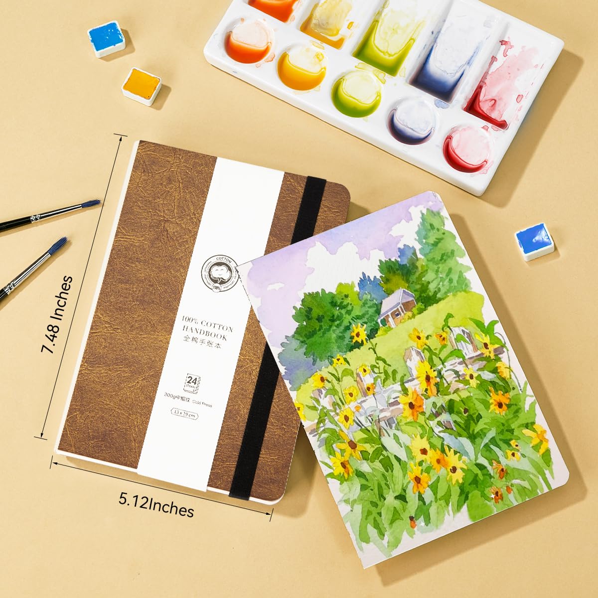 Lightwish Watercolor Journal, 100% Cotton Cold Press Watercolor Paper,140lb/300gsm Acid-Free, 24 Sheets 5.12x7.48” Sketchbook for Adults, Students LIGHTWISH