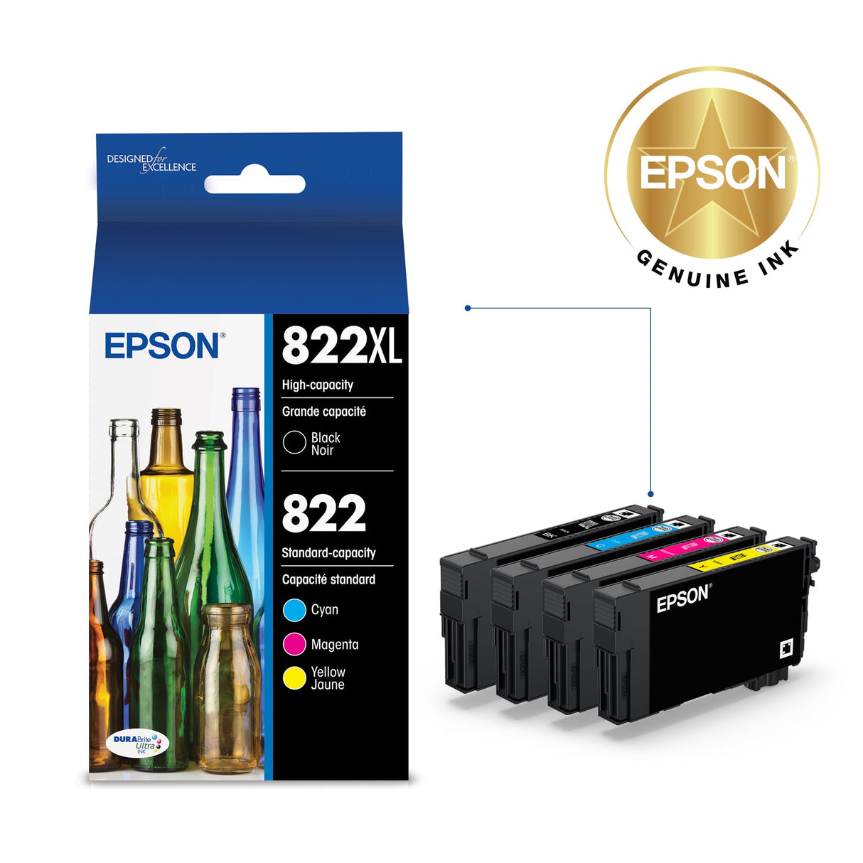 EPSON 822 DURABrite Ultra Ink High Capacity Black & Standard Color Cartridge Combo Pack (T822XL-BCS) Works with WorkForce Pro WF-3820, WF-3823, WF-4820, WF-4830, WF-4833, WF-4834 Epson