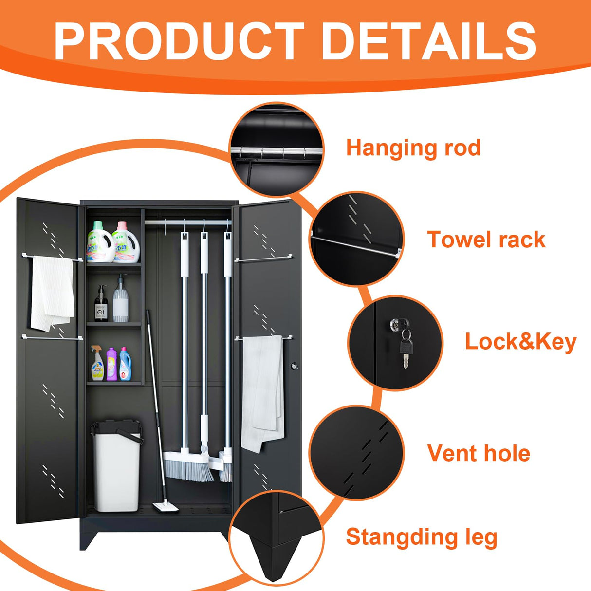 Metal Garage Storage Cabinet, 75“ Cleaning Tool Storage Cabinet, Multifunctional Garage Storage Broom Closet with Doors, Handing Rod (Black, Door-2) CBNTKI