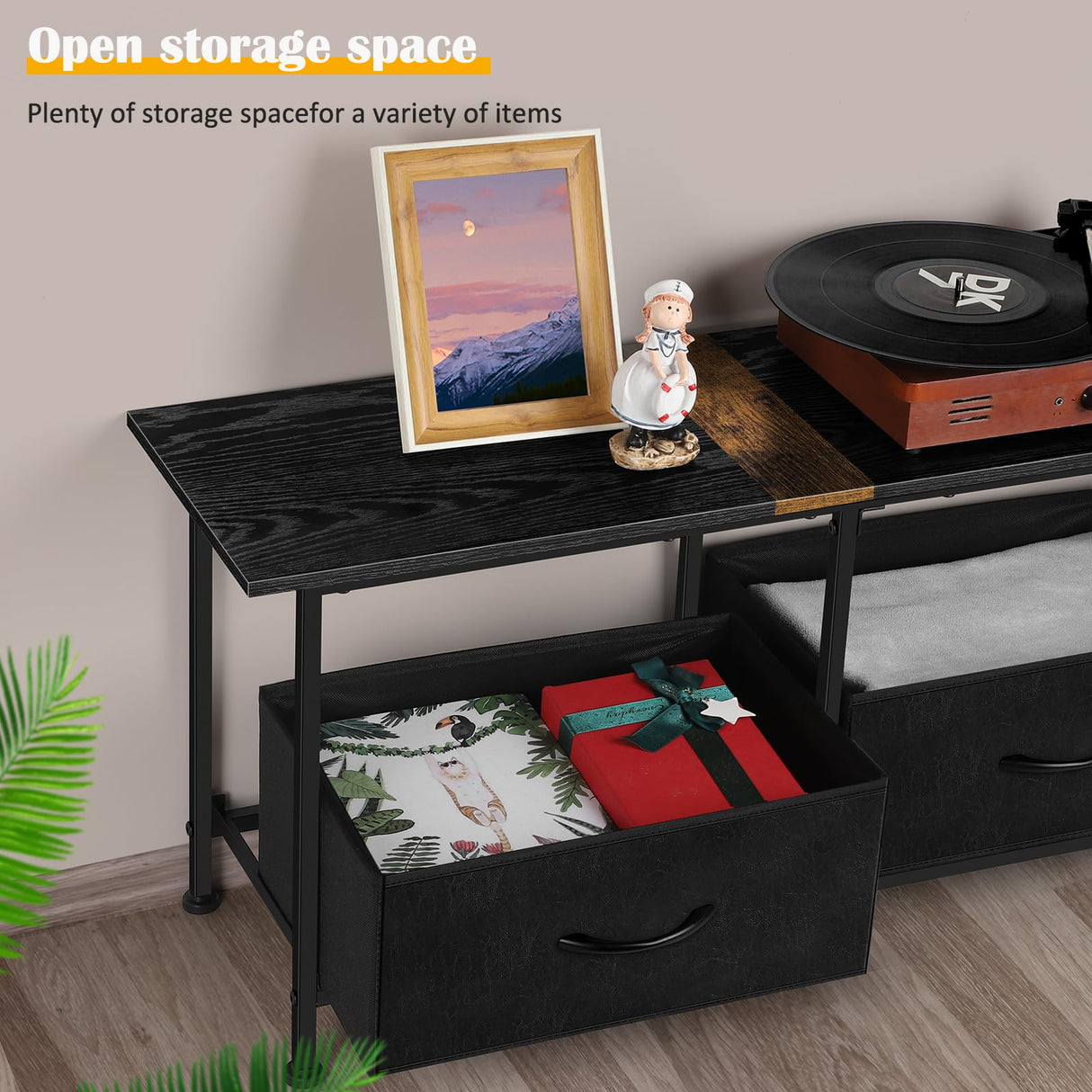 CADUKE Black TV Stand for 55 inch TV, Farmhouse Entertainment Center with 3 Fabric Drawers, Industrial TV Console Table for Bedroom, Living Room CADUKE