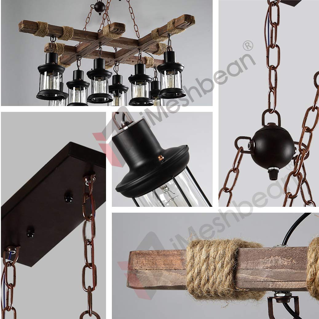 Farmhouse Chandelier Wood Hanging Pendant Lighting Vintage Ceiling Light Fixture 8 Heads for Bar Coffee Dining Table Kitchen Island Bar Easy to Install iMeshbean
