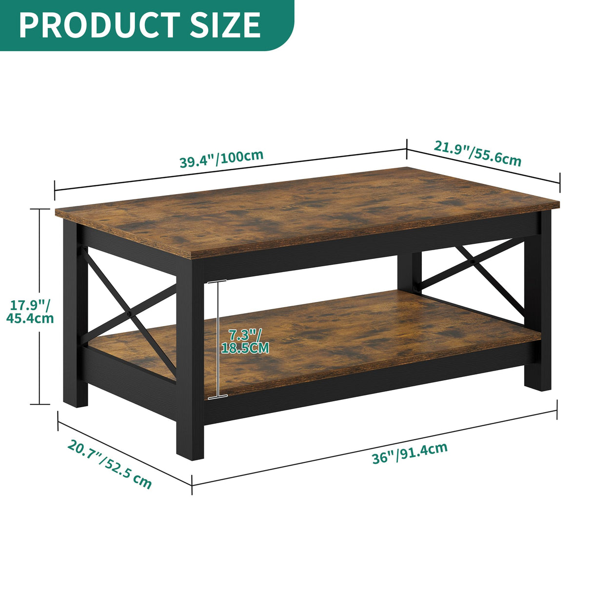 YITAHOME Coffee Table for Living Room,Modern Farmhouse Coffee Table with Storage,2-Tier Center Table for Living Room Wood Living Room Table Accent Cocktail with Sturdy Frame,Rustic Brown YITAHOME