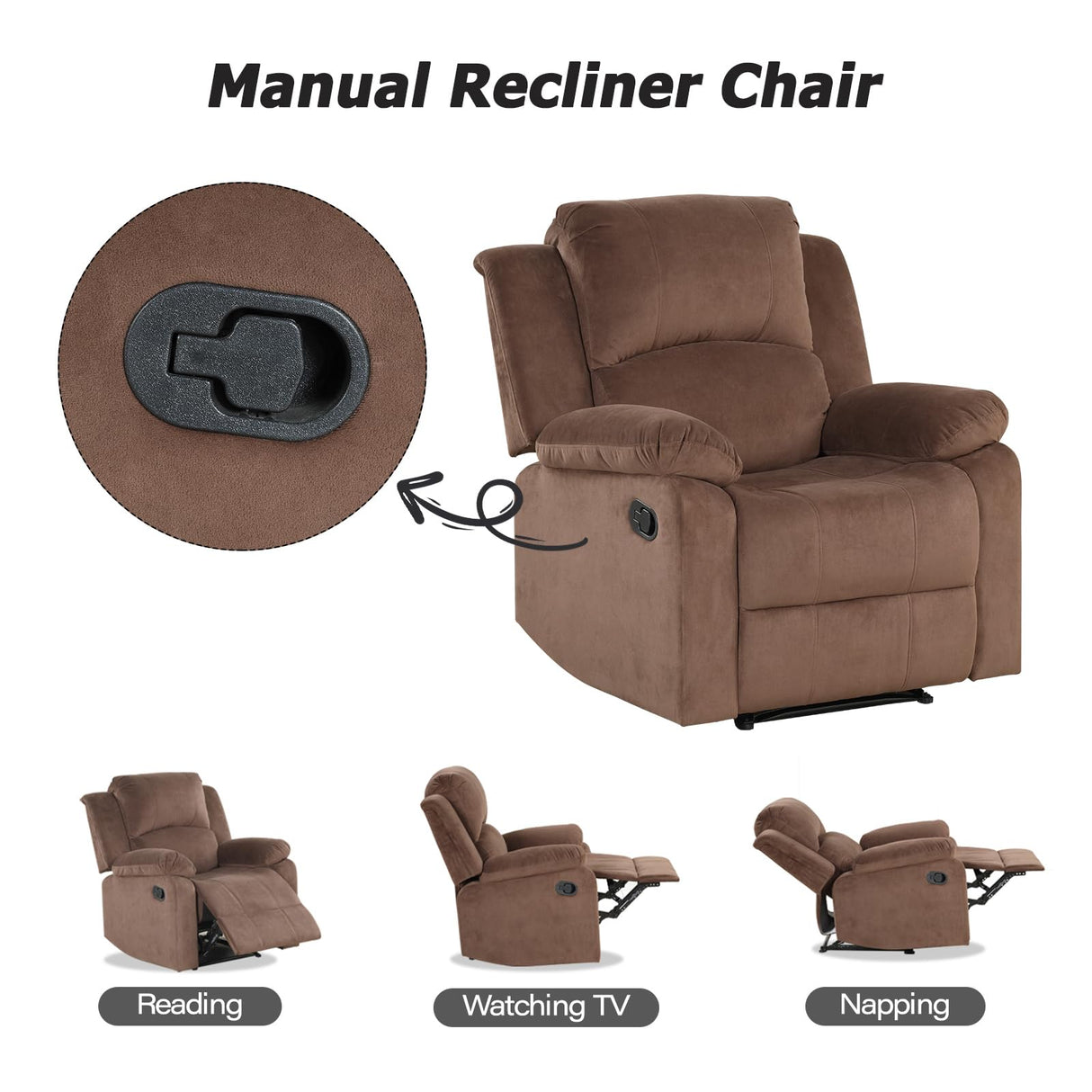 CANMOV Manual Recliner Chair, Soft Fabric Overstuffed Recliner Single Sofa Chair for Living Room Bedroom, Heavy Duty and Safety Reclining Mechanism, Light Brown CANMOV