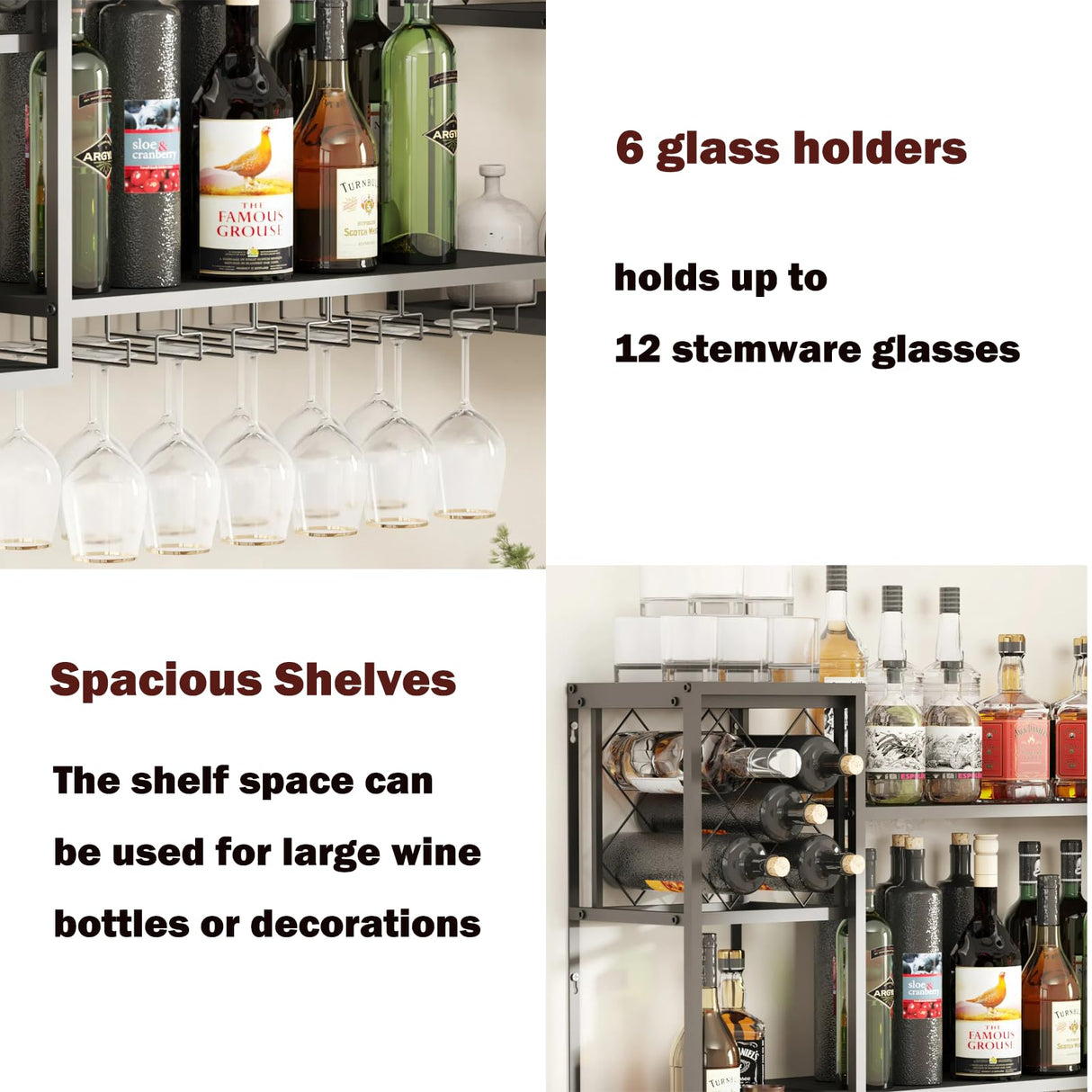 HEONITURE Wall Mounted Wine Rack with Glass Holder,Metal Floating Bar Liquor Shelves 2 Tier,Wine Glass Rack Multi Functional Wine Storage Display Rack for Home Bar Dining Room Kitchen HEONITURE
