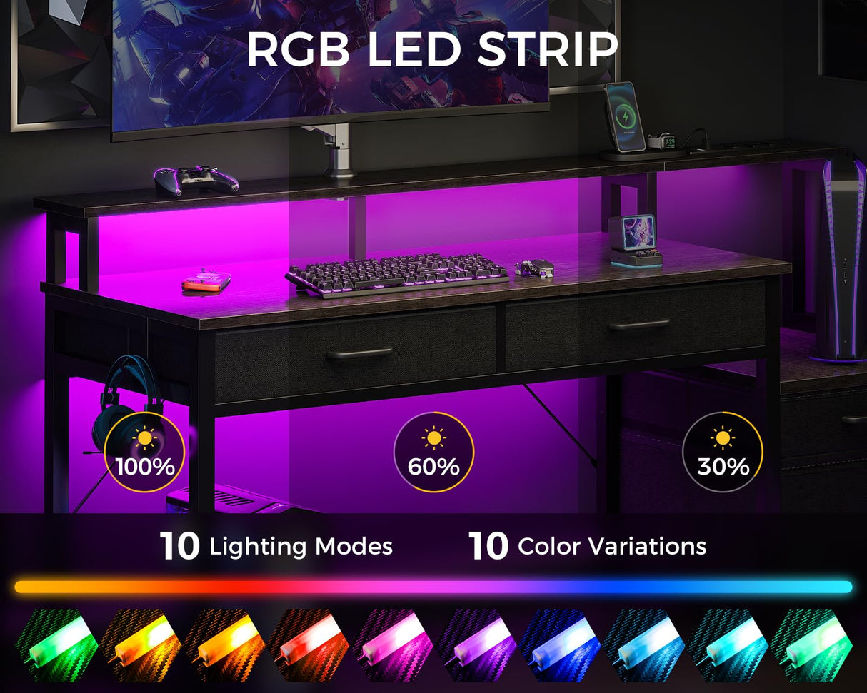 AODK 48-Inch Computer Desk with File Cabinet and Fabric Drawers, Reversible Office Desk with LED Strip and Power Strip, Gaming Desk with Monitor Riser, Writing/Study Table for Home, Oak Grey AODK