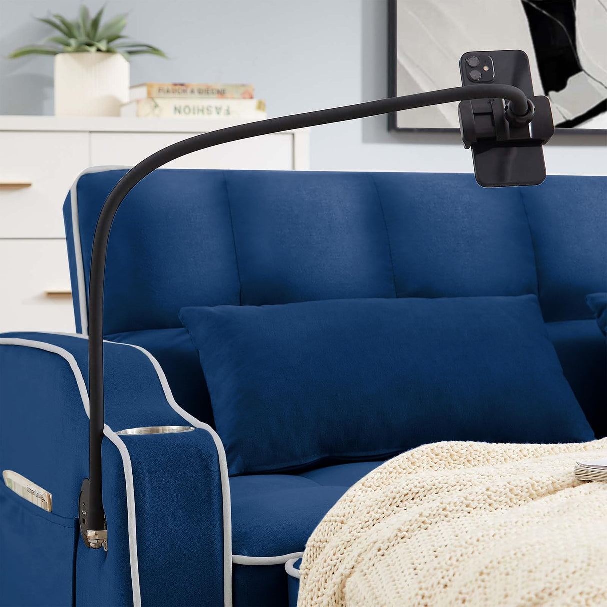 JEEOEHY 3 in 1 Convertible Sleeper Sofa Bed,Velvet Pull Out Couch Bed w USB&Type C Port,Comfy Futon Loveseat w Adjustable Backrest&Phone Stand&Cup Holder for Living Room Apartment Small Space(Blue) JEEOHEY